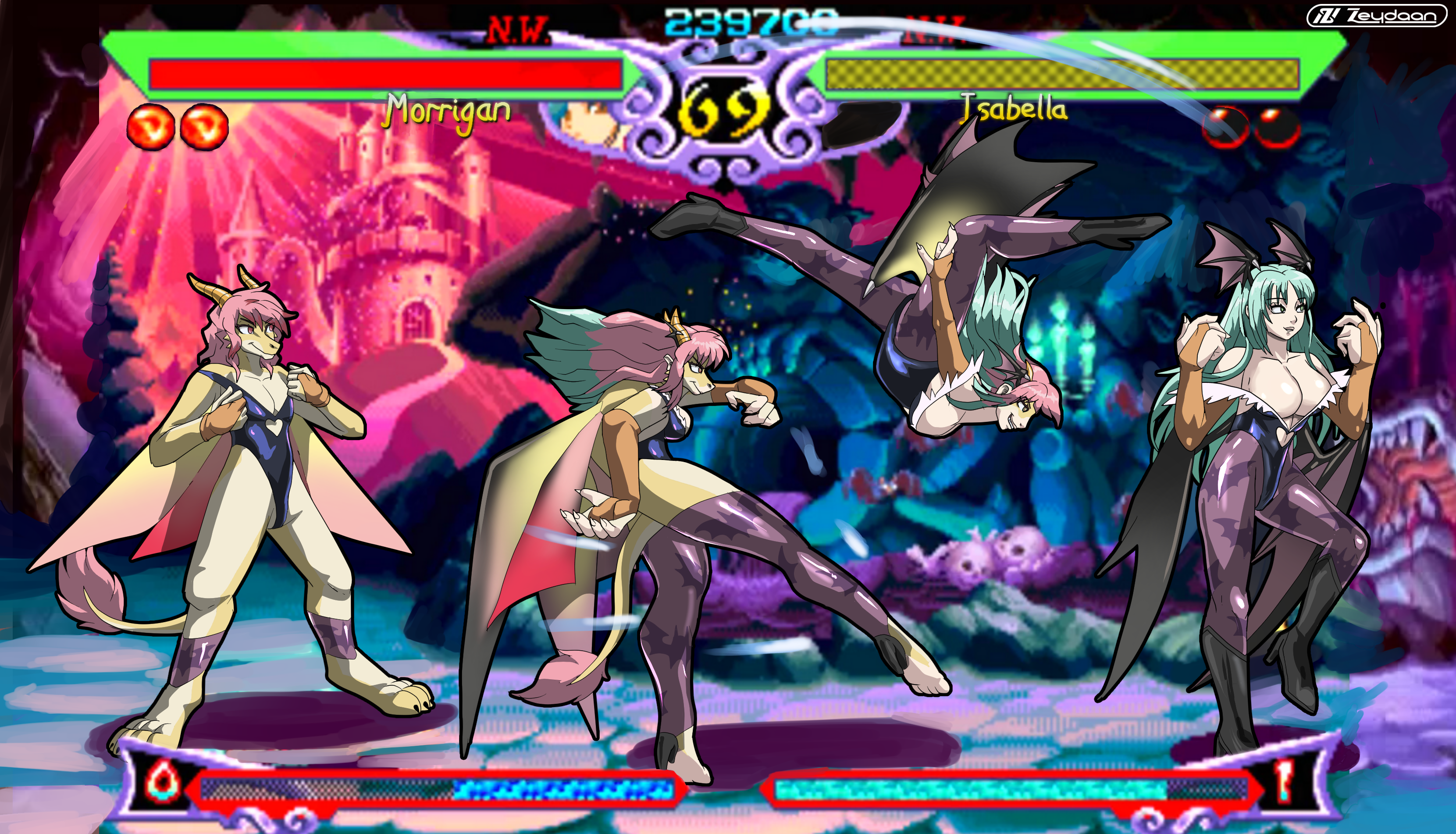 Isabella dressed as Morrigan, transforming into her.