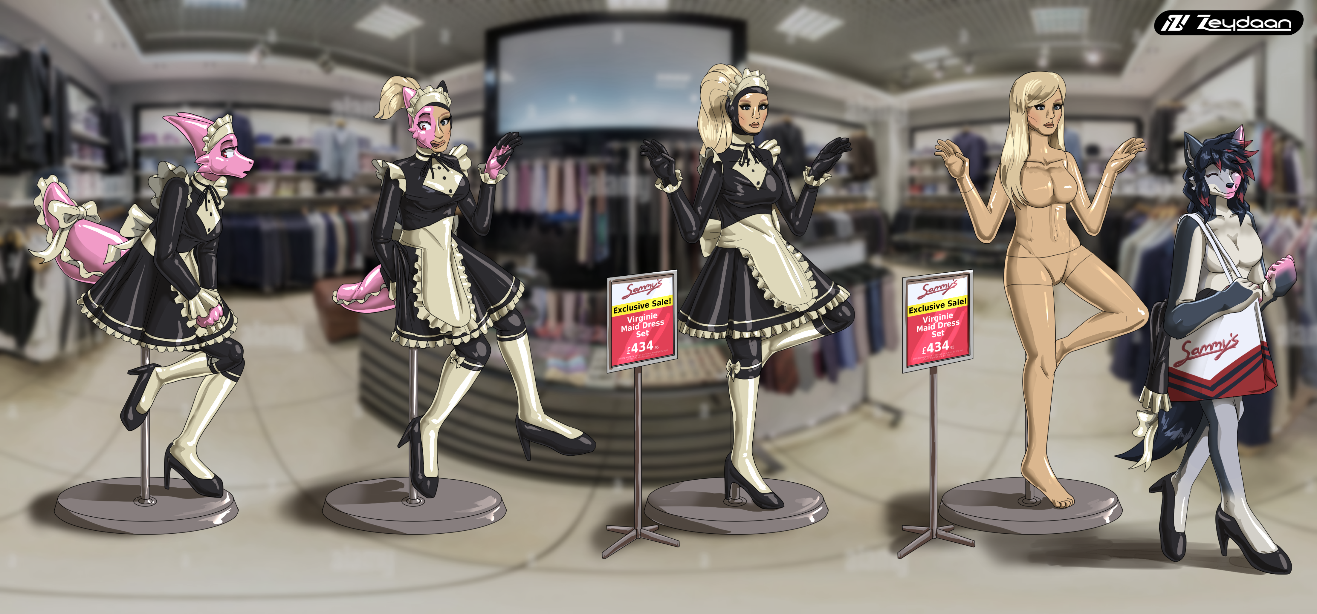 Charlotte turning into a human Mannequin of herself displaying her dress, which Zeydaan takes (and starts to transform)