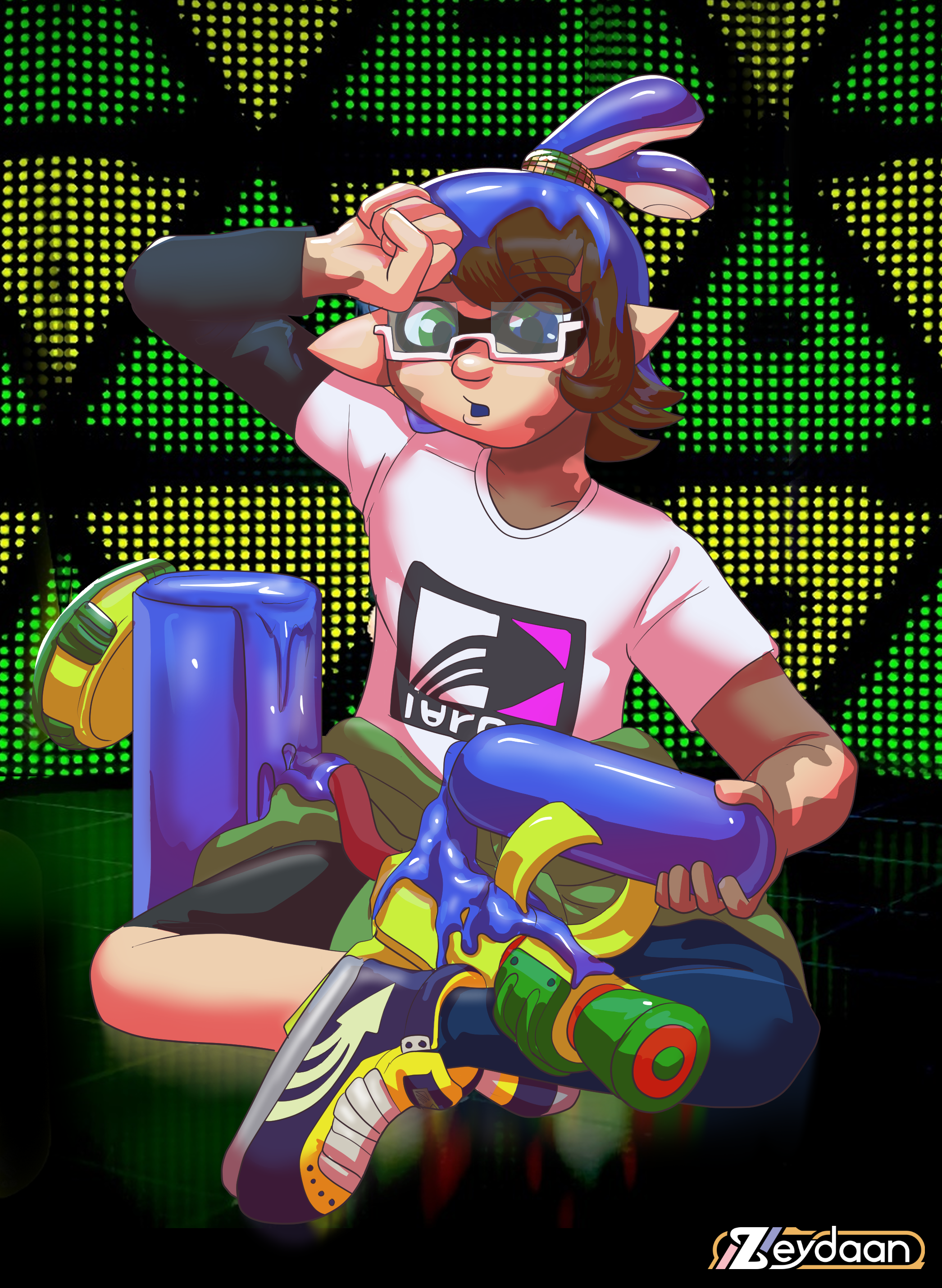 Mira transforming into an inkling boy from a leaky ink tank and splattershot.