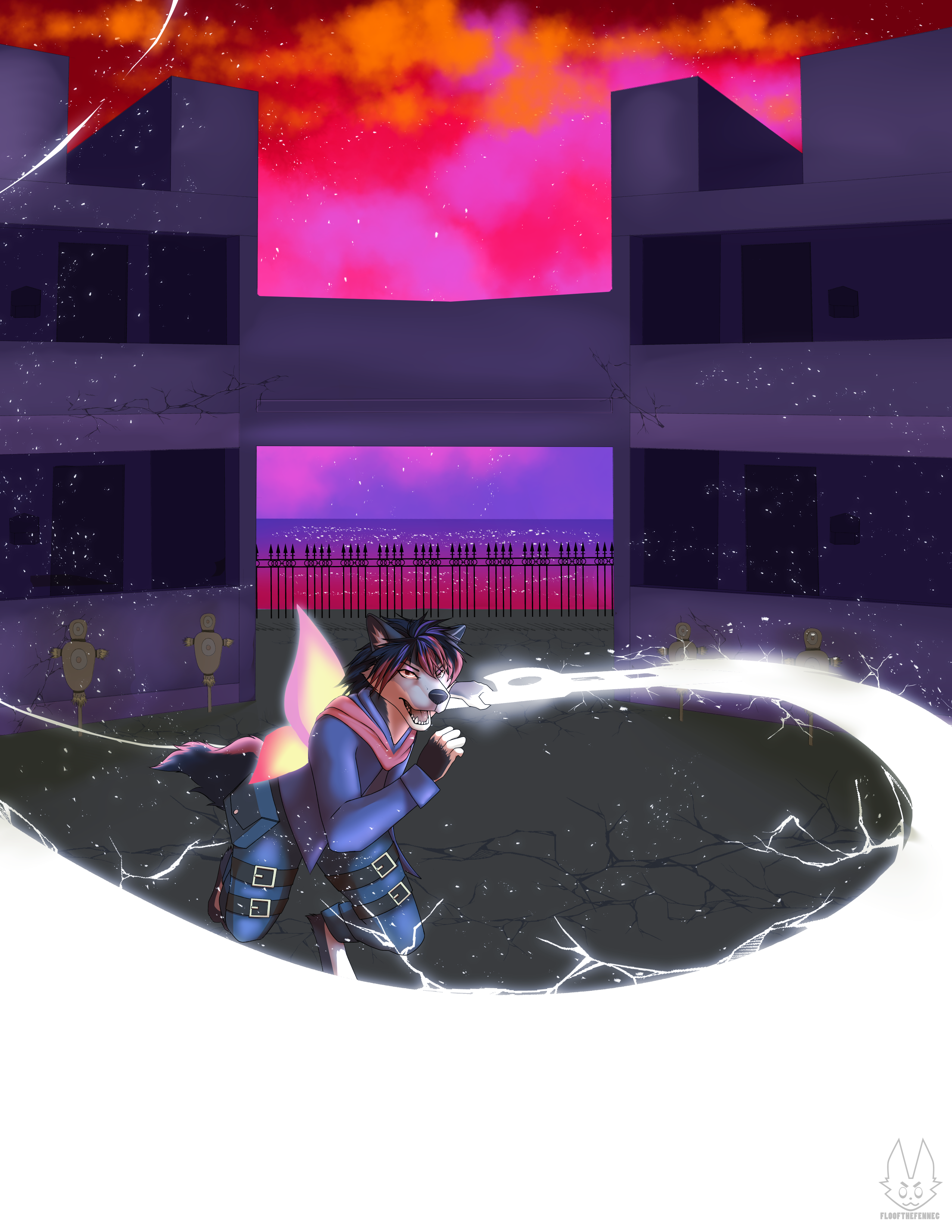 Zeydaan swinging a monado made of light, leaving a glowing trail, in front of a brutalist arena and a colourful sunset