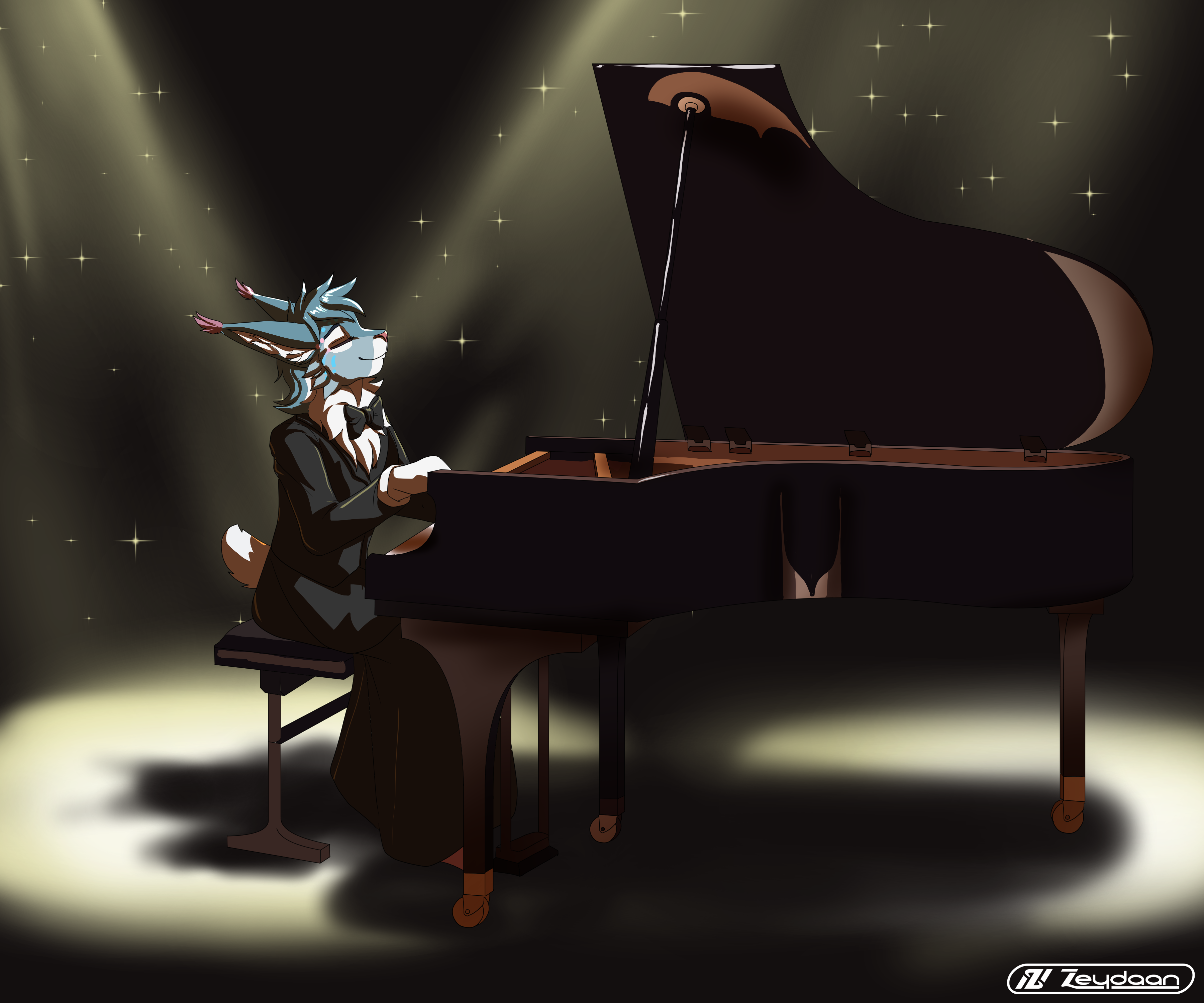 Phoenix playing on a grand piano
