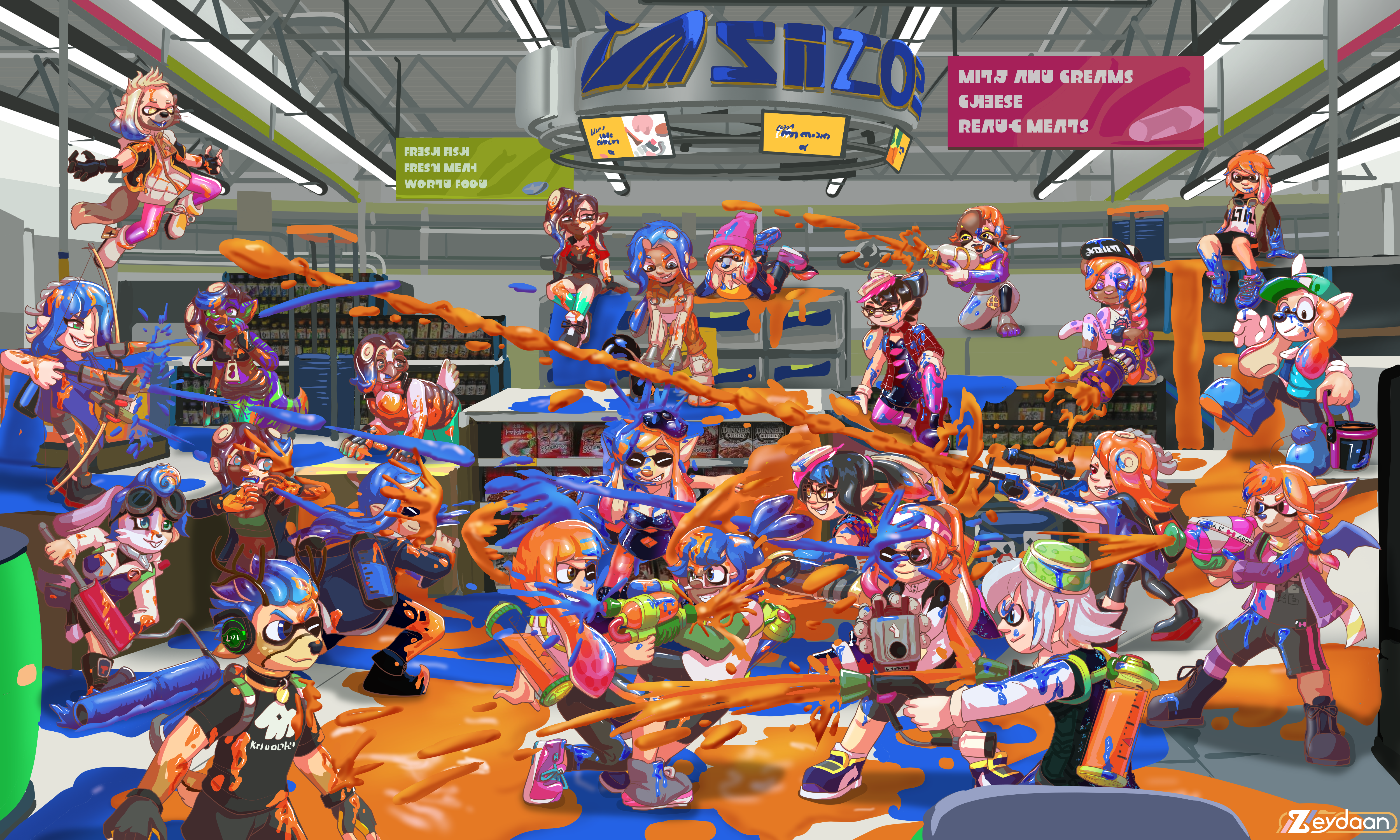 Tobias turning into Pearl, Mido and Brent turning into Shiver, Vivian, Dean, Stener and Agent turning into Marina, Pix into Agent 8, Zeydaan/Isabella into Inku, Robyn and Crim into Callie, Terrance into Marie, Gemma into Frye, with Roxanne and Victoria turning into Octolings, and Rune, Rossy, Drake, Mira, Marsail, Fabio, Dim and Erakir turning into Inklings in the middle of a supermarket "Fresh fish, Fresh meat, World food" "Milk and creams, cheese, Ready Meals" Ink is covering the floor and walls as everyone fires their weapons.