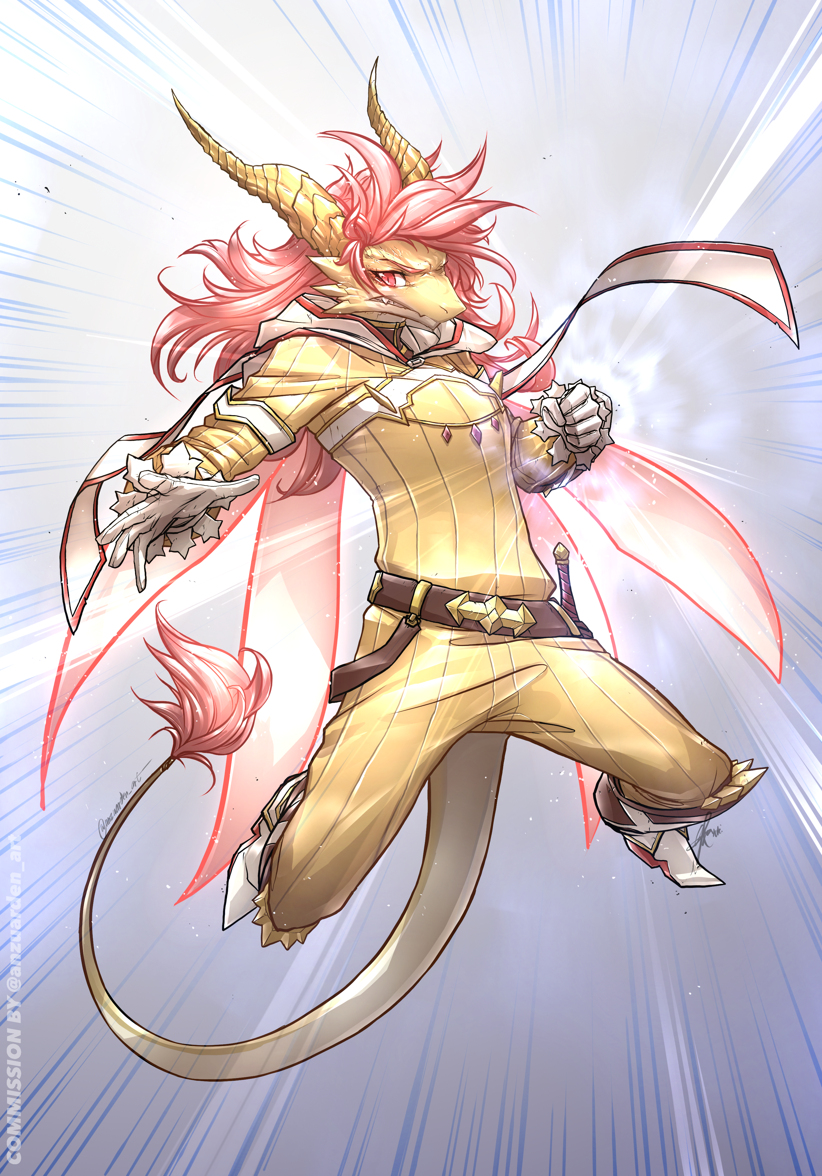 Isabella dressed in Nia's outfit, leaping high into the air with a grimace and ready to do a large powered punch.