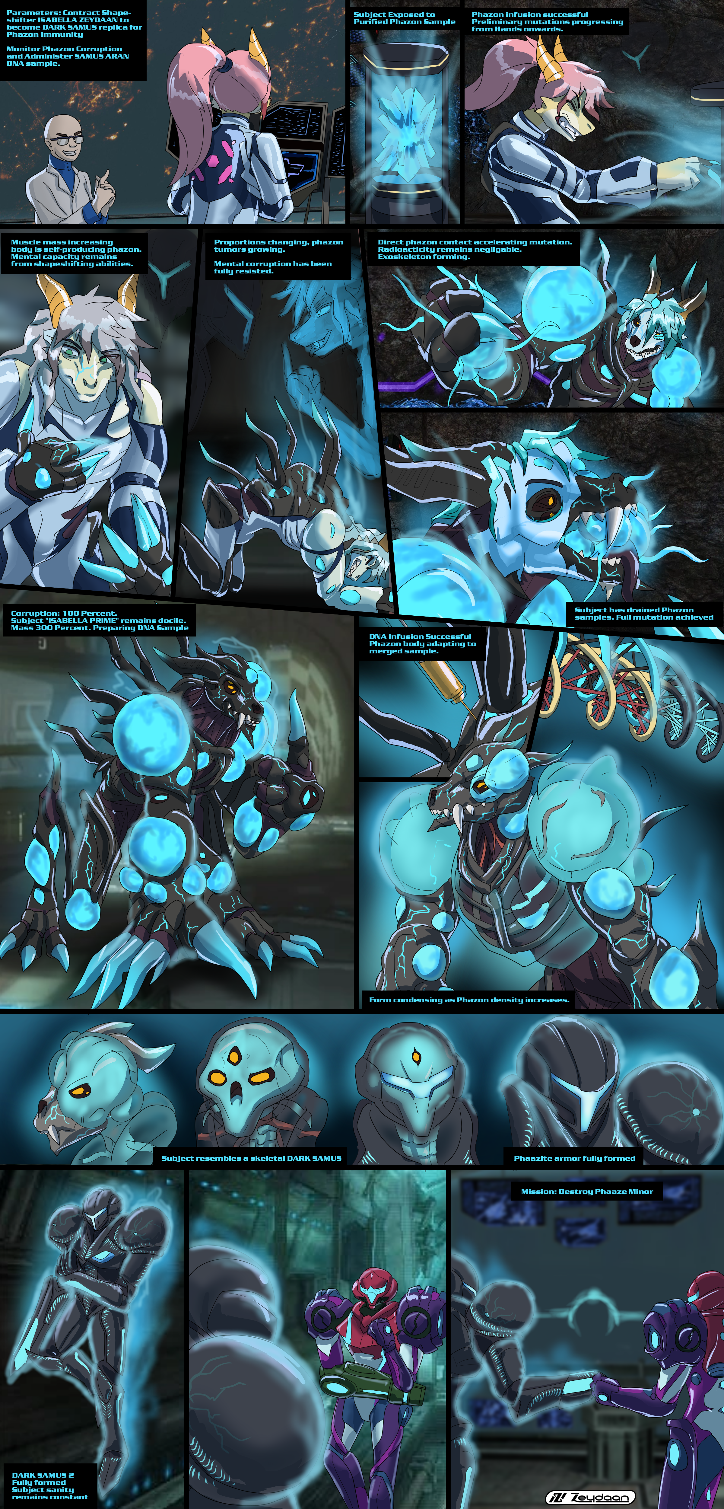 Isabella transforming into Dark Samus thanks to a Phazon infusion "Parameters: Contract Shape- shifter ISABELLA ZEYDAAN to become DARK SAMUS replica for Phazon Immunity Monitor Phazon Corruption and Administer SAMUS ARAN DNA sample." "Subject Exposed to Purified Phazon Sample" "Phazon infusion successful Preliminary mutations progressing from Hands onwards." "Muscle mass increasing body is self-producing phazon. Mental capacity remains from shapeshifting abilities." "Proportions changing, phazon tumors growing. Mental corruption has been fully resisted." "Direct phazon contact accelerating mutation. Radioacticity remains negligable. Exoskeleton forming." "Subject has drained Phazon samples. Full mutation achieved" "Corruption: 100 Percent. Subject "ISABELLA PRIME" remains docile. Mass 300 Percent. Preparing DNA Sample" "DNA Infusion Successful Phazon body adapting to merged sample." "Form condensing as Phazon density increases." "Subject resembles a skeletal DARK SAMUS" "Phaazite armor fully formed" "DARK SAMUS 2 Fully formed Subject sanity remains constant" "Mission: Destroy Phaaze Minor"