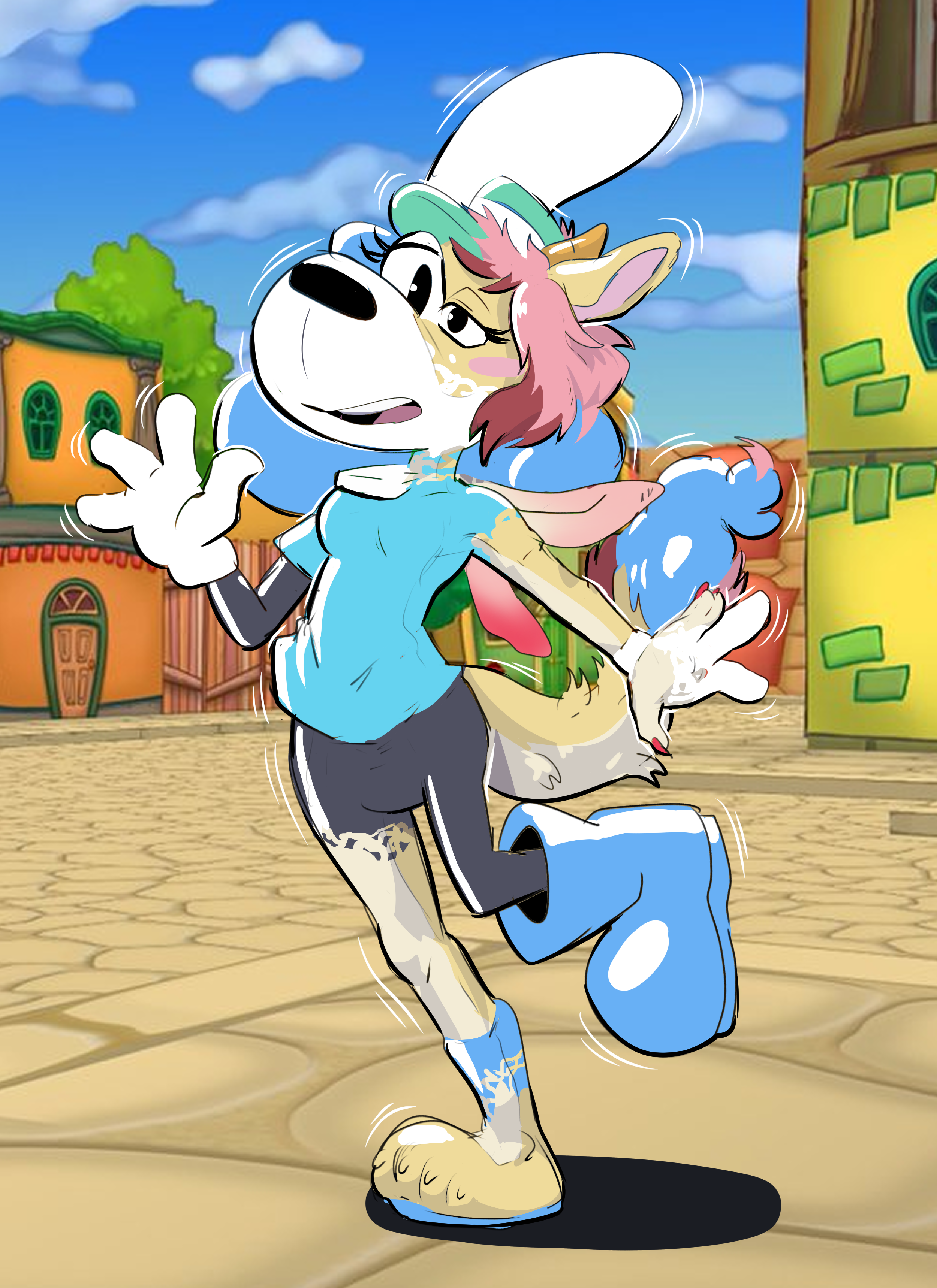 Isabella turning into Dim the Dog, feet becoming boots, muzzle bloating into a toony dog muzzle, while waving with a glove.