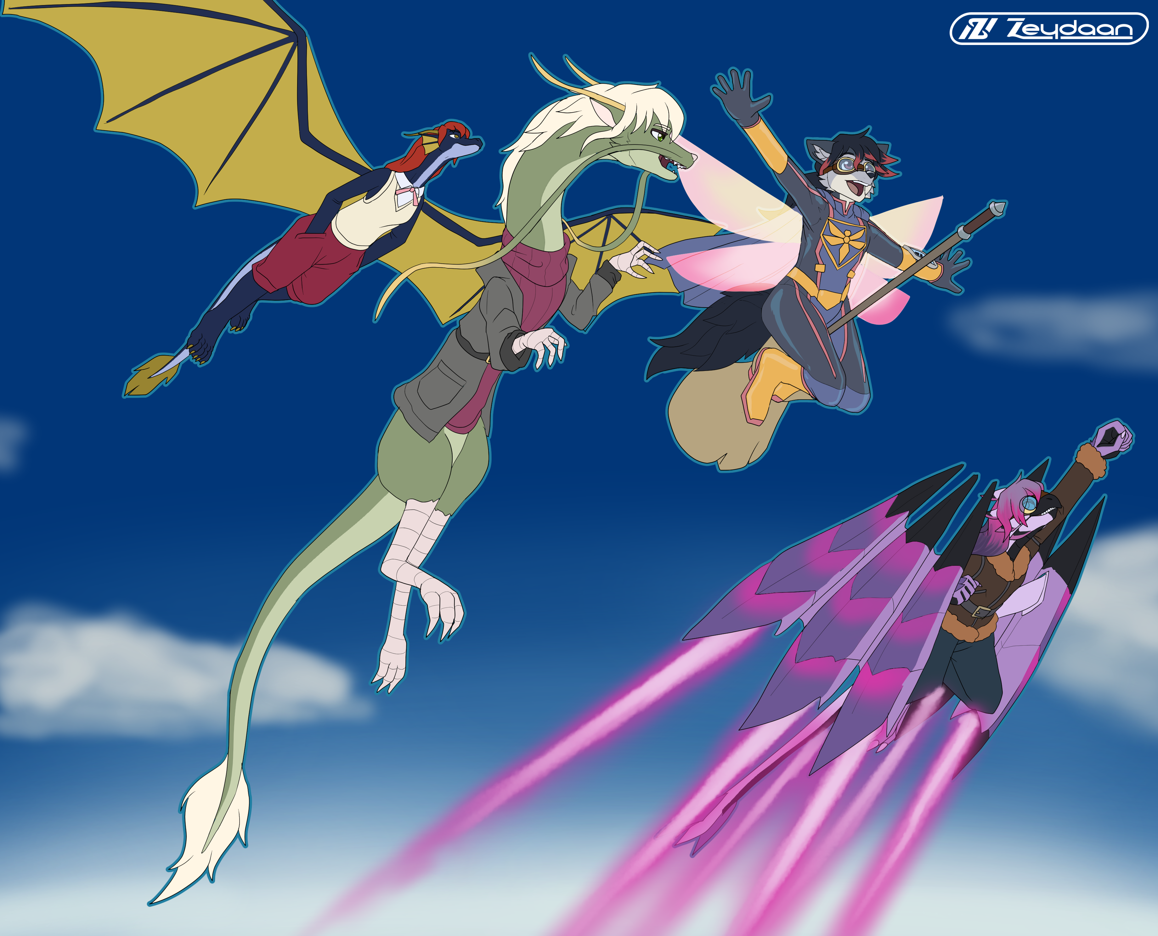Zeydaan flying on her broom in a tight caped outfit with Blaze, Blue and Amrin flying beside her.