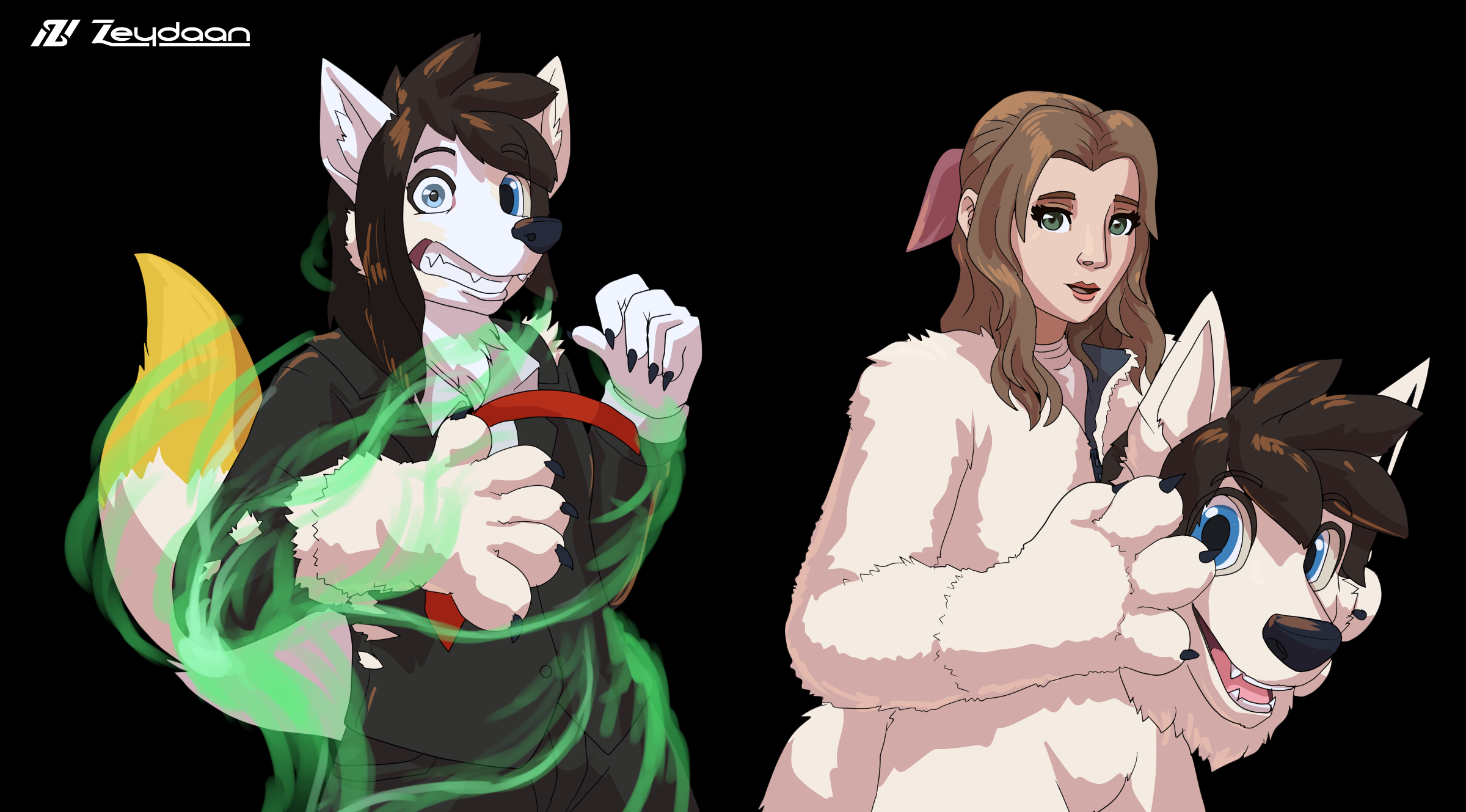 Julius turning into a Fursuit, which Aerith takes off.