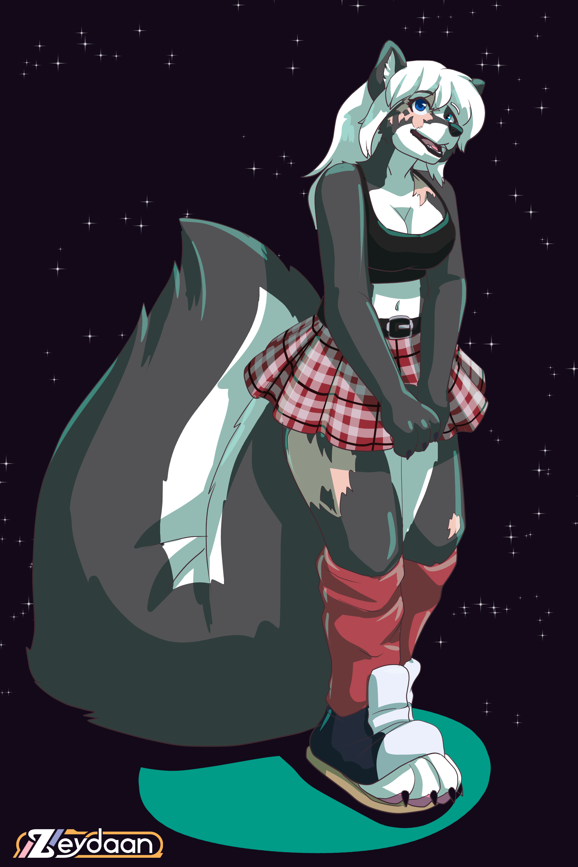 Cervalt turning into Charlotte the skunk, giddily clasping her hands together