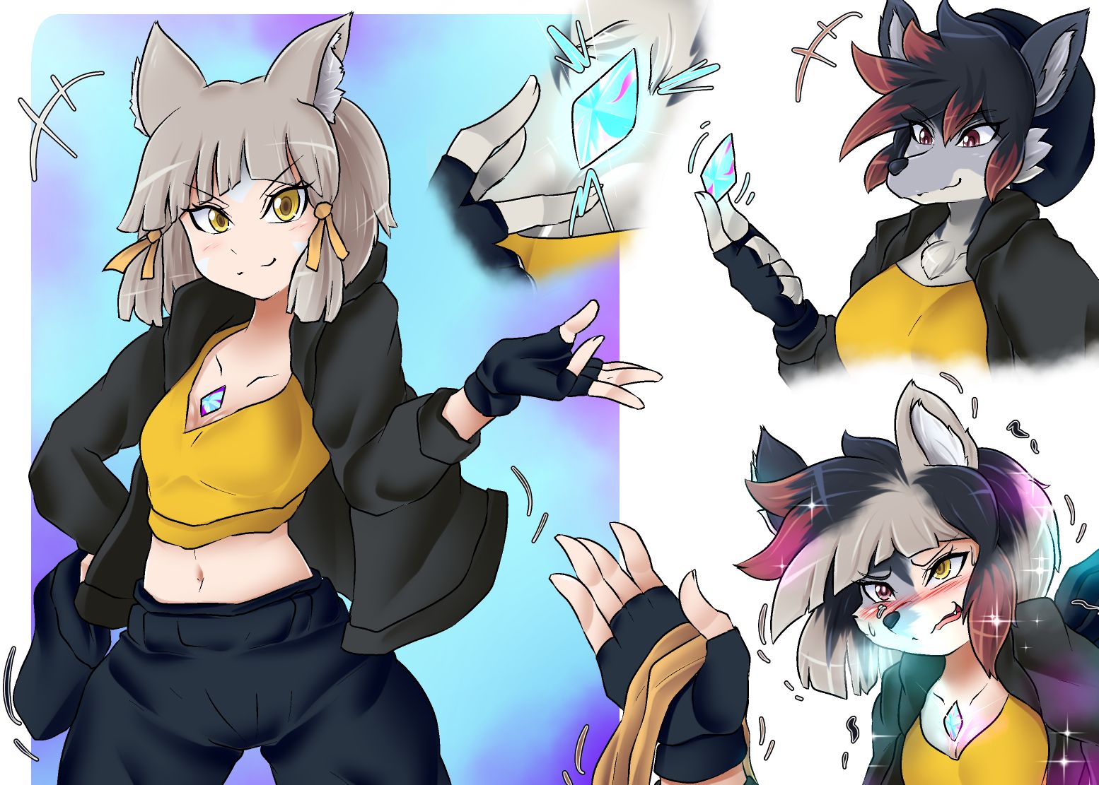 (Read right to left) Zeydaan turning into Nia from putting her core crystal on her chest, but remaining in street clothes.