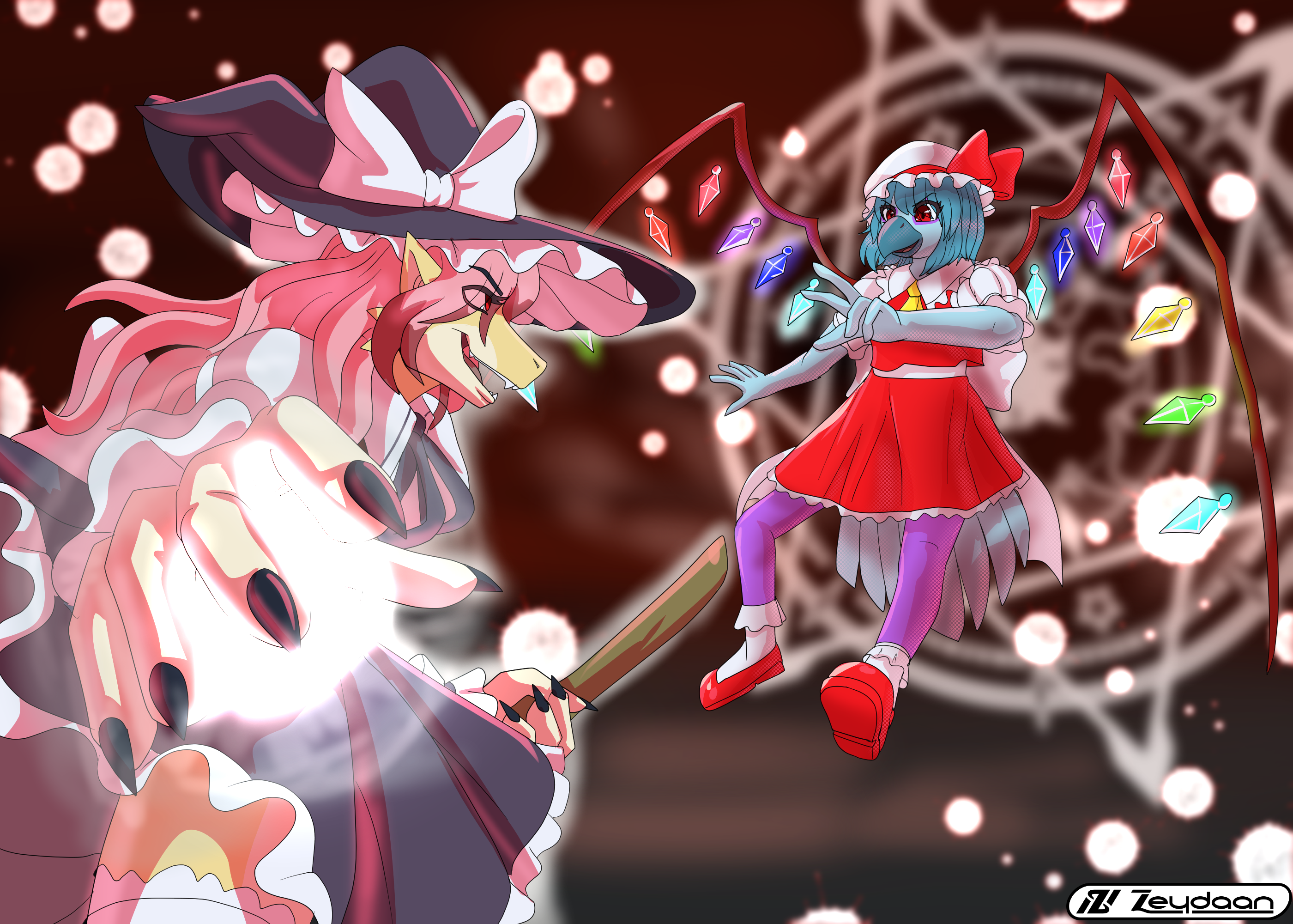 Isabella dressed as Marisa Kirisame fighting against Jacinta Tilde dressed as Flandere Scarlet