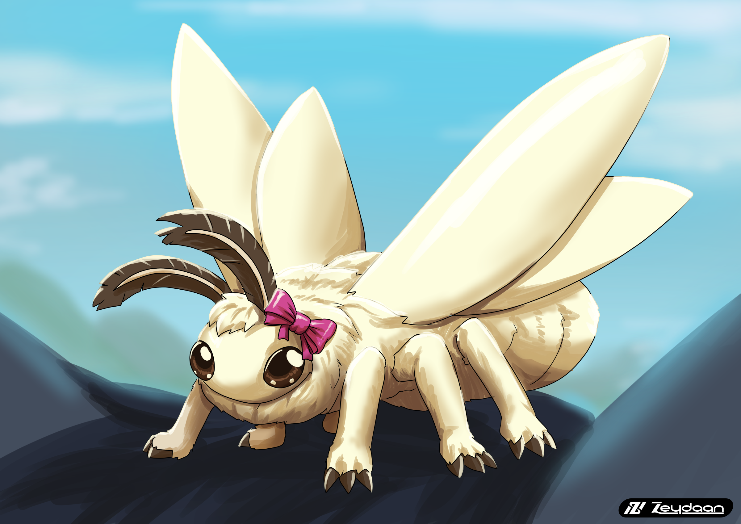 Bean the moth as a full moth on top of Zeydaan's Head.