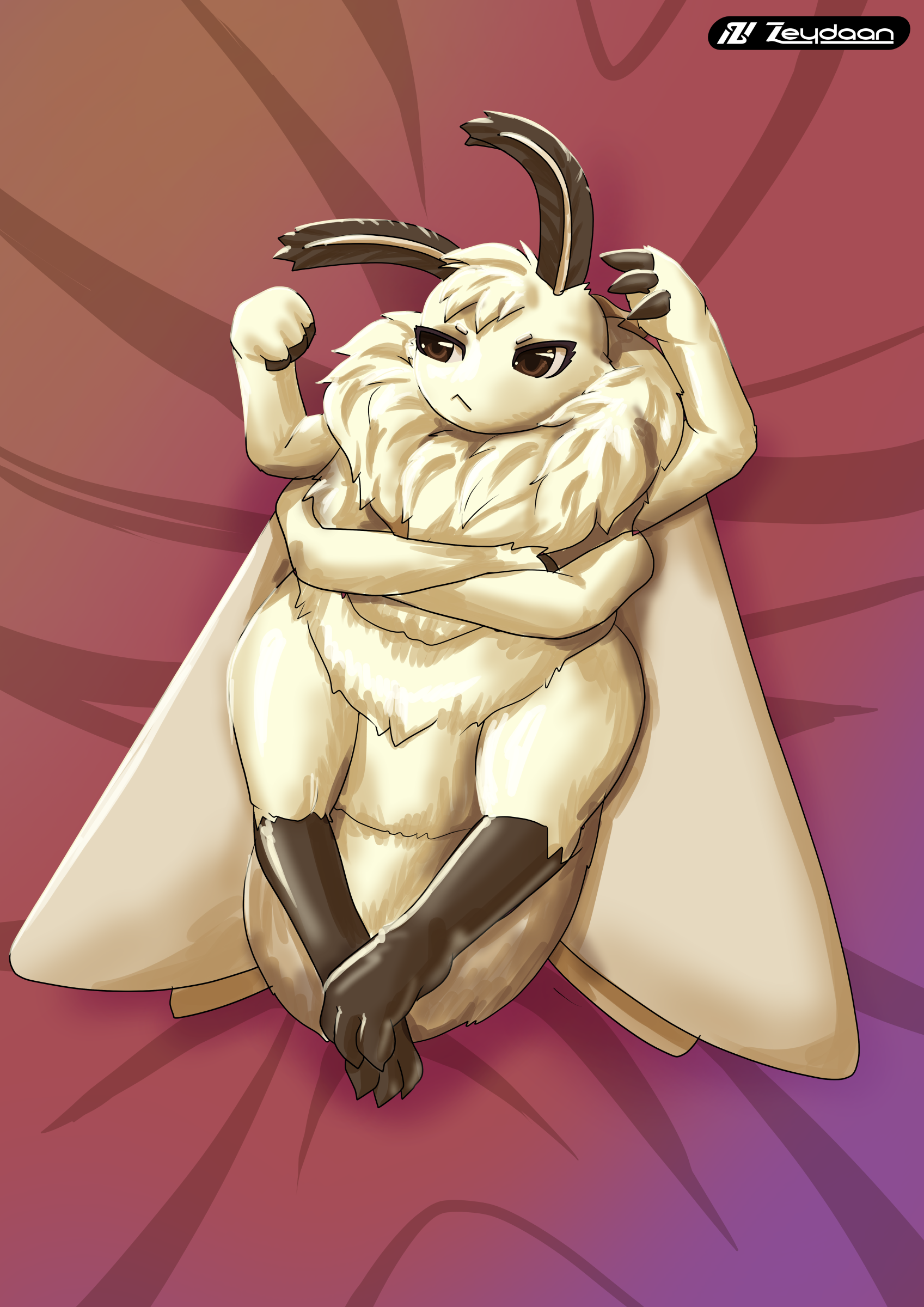 Bean the Moth lying on her back in a bed with a slightly grumpy expression.