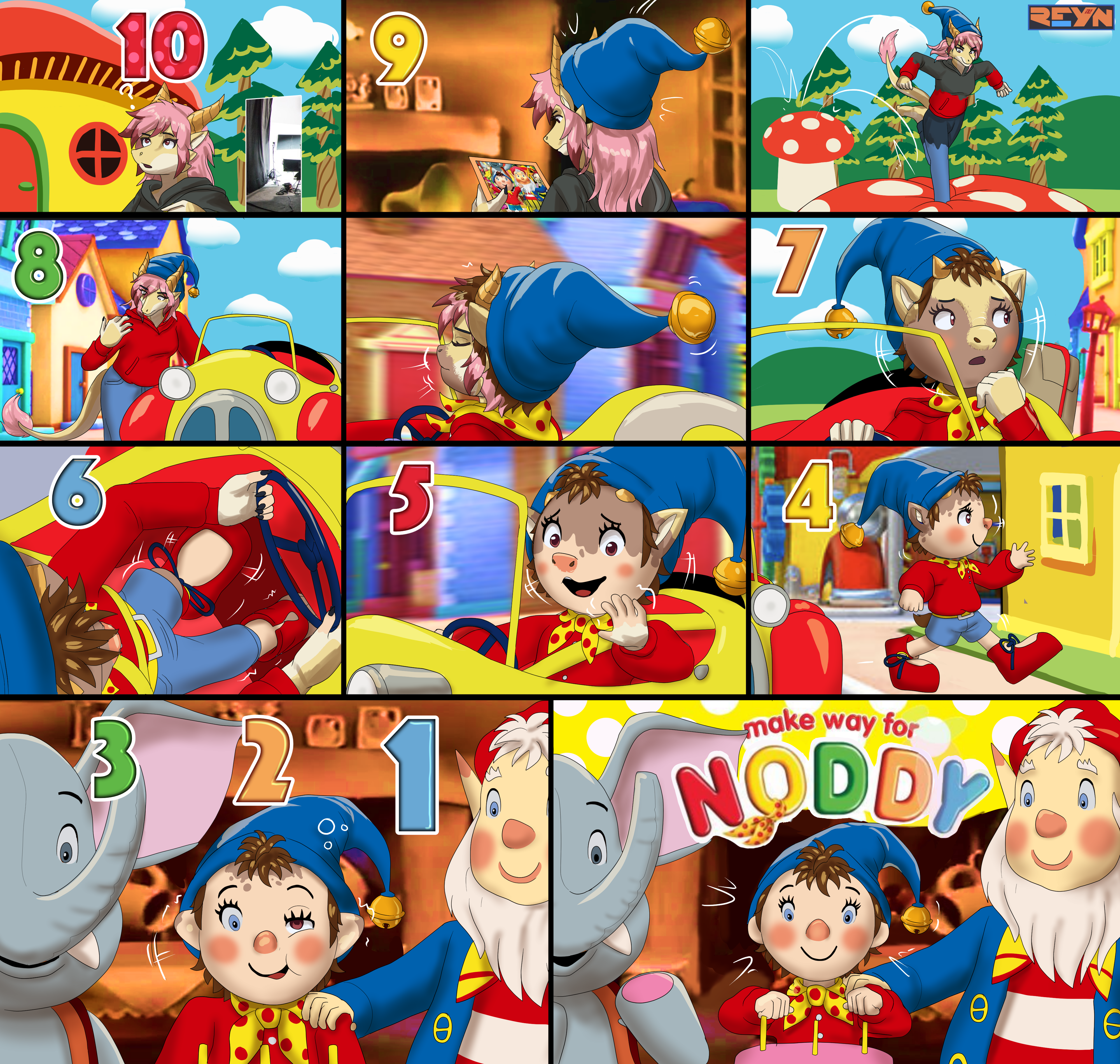 Isabella transforming into Noddy as a countdown occurs, her head inflating up and clothing growing out of them.