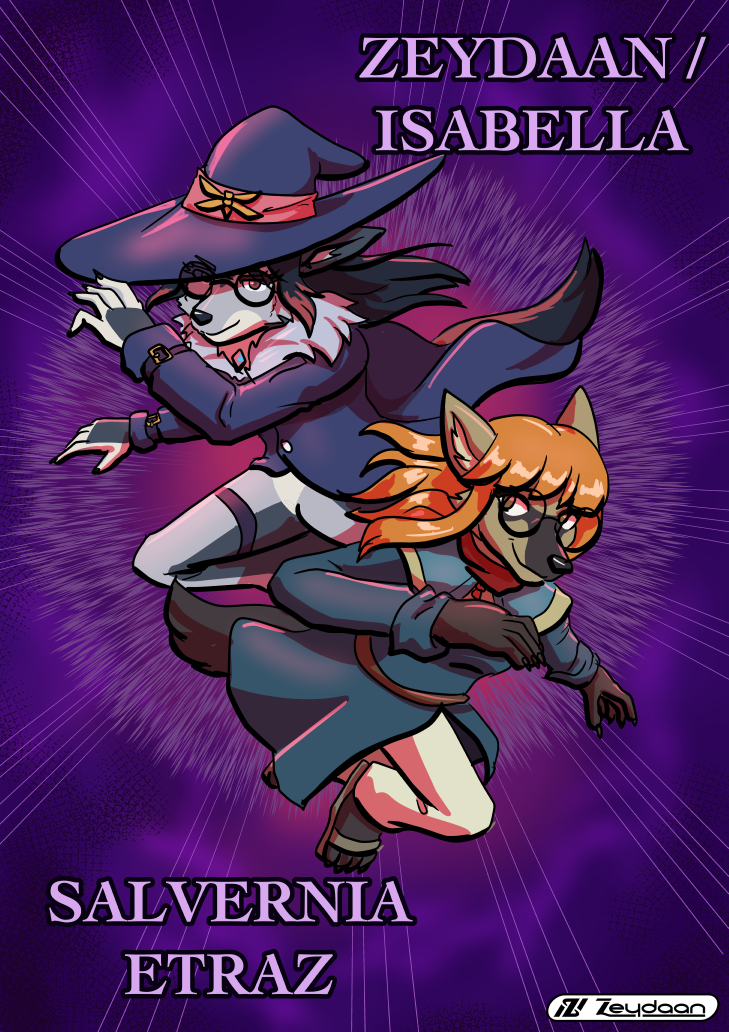 Zeydaan in their witch's outfit and Salvernia dressed as Marcille leaping together in front of a magical anomaly