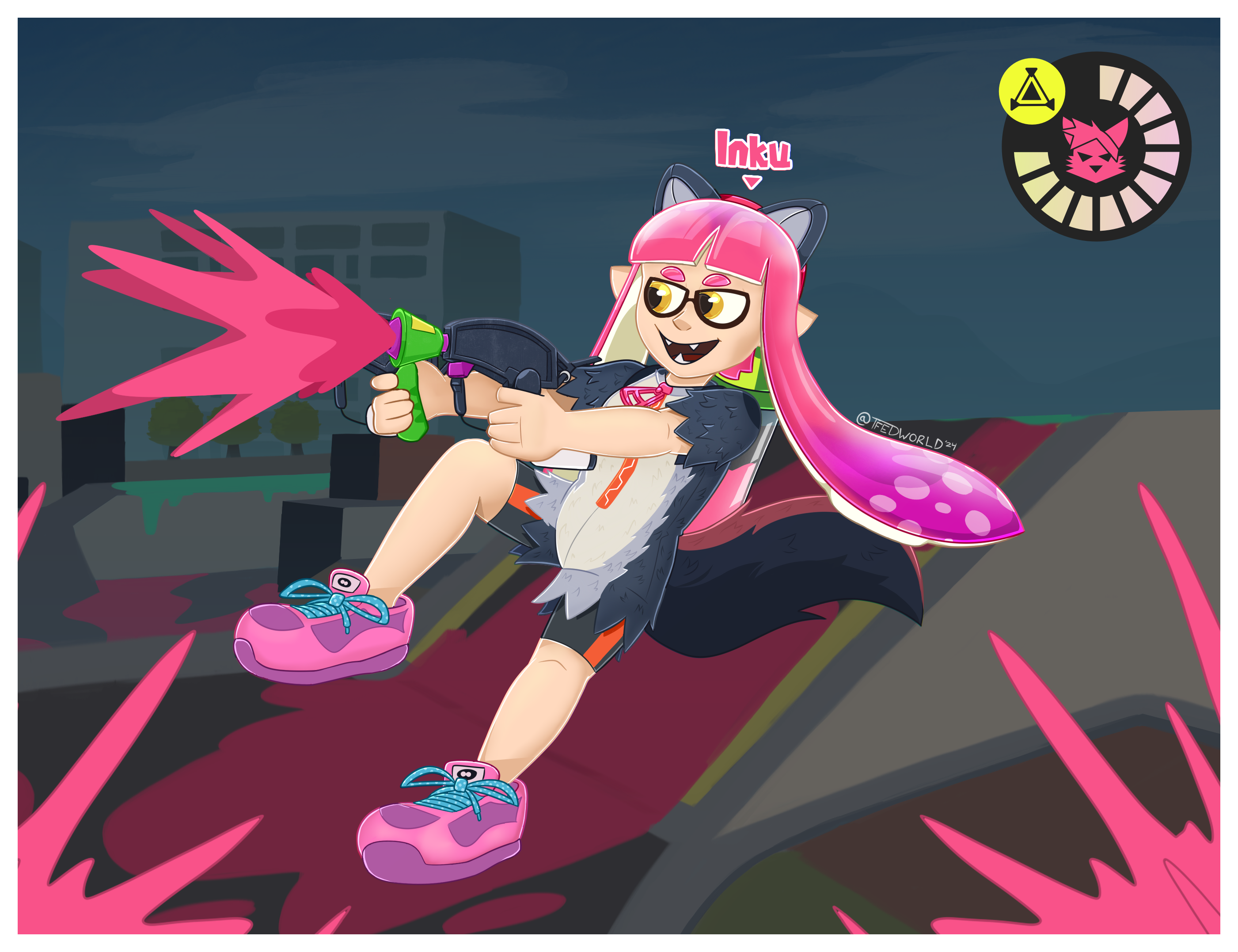 Inku the Inkling wearing a Zeydaan fursuit and using dualies to spray ink everywhere.