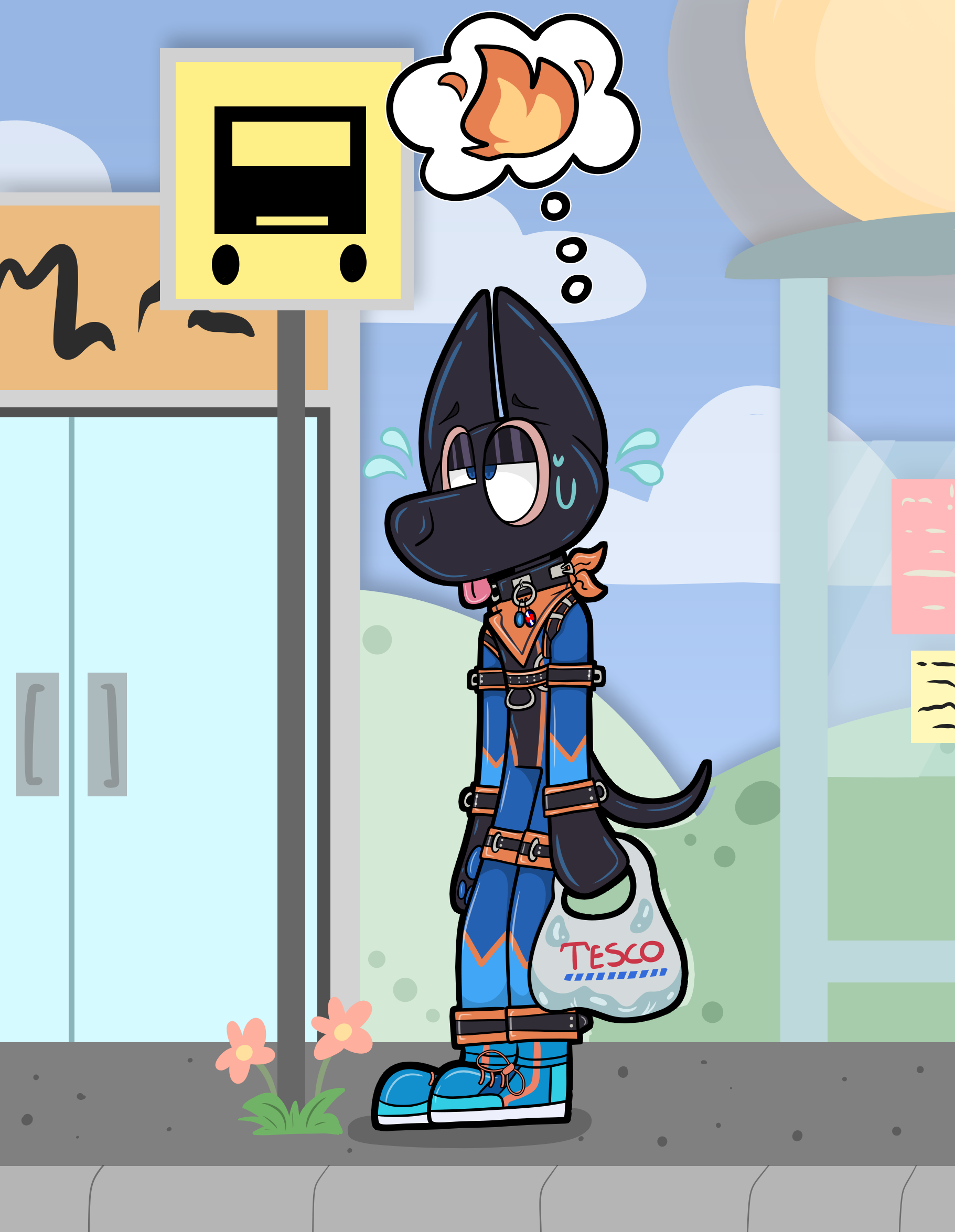 Dan the pup standing at a bus stop in full rubber with a tesco shopping bag and sweating profusely.