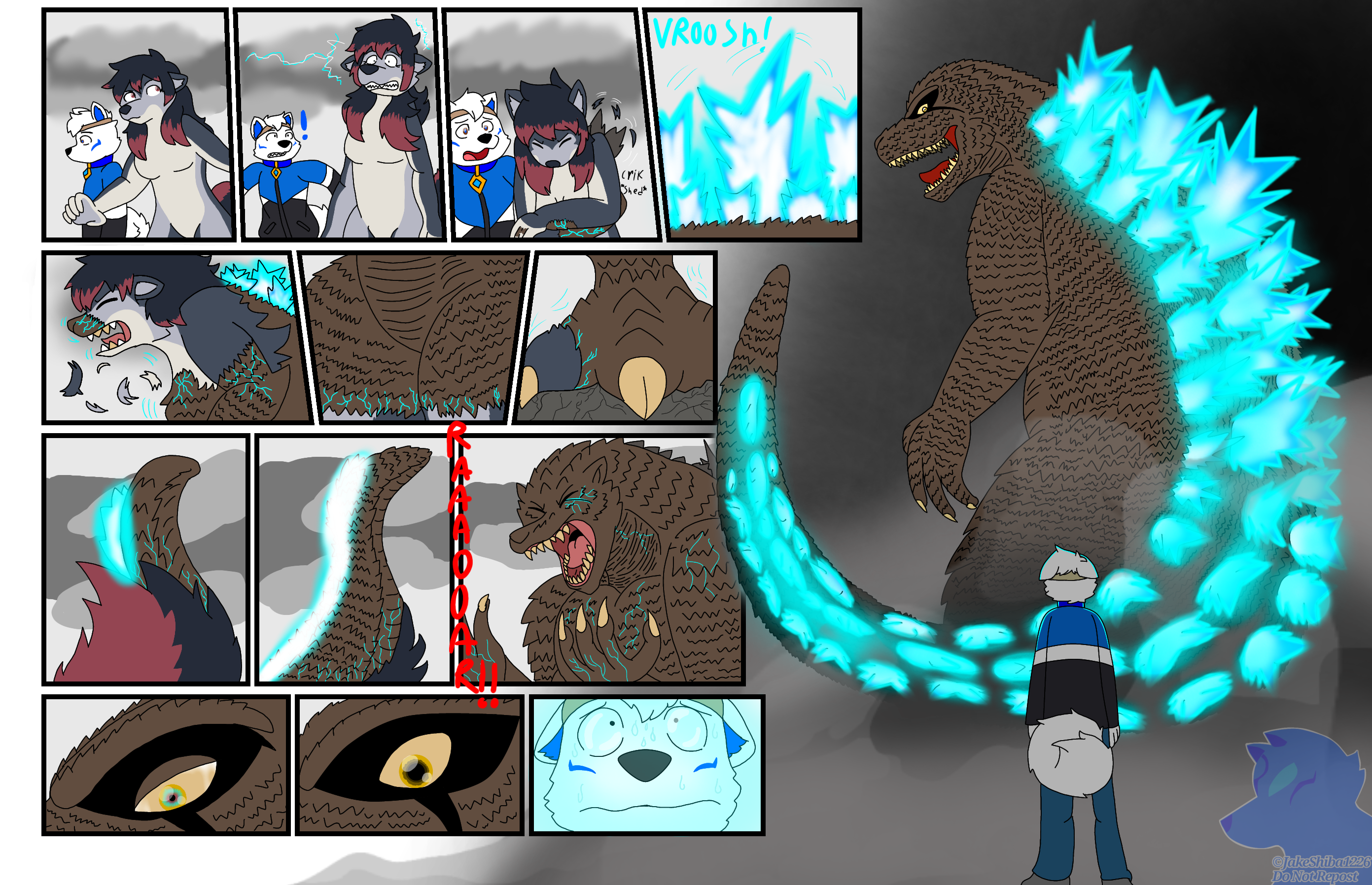 Zeydaan and Jake preparing for battle, before Zeydaan absorbs a massive amount of energy, spines erupting from her back as she grows to colossal size and take on a scaley hide- turning fully into Godzilla.