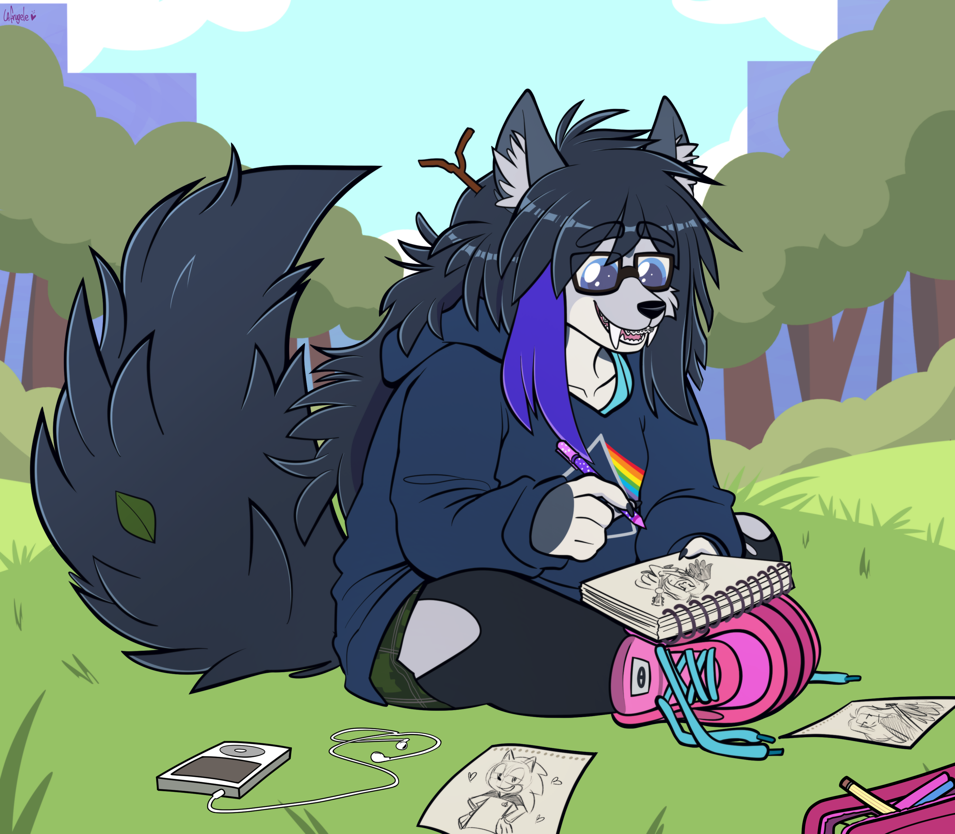 Lilly California sitting in a field, drawing sketches of Sephiroth and Sonic wearing a starfleet uniform.