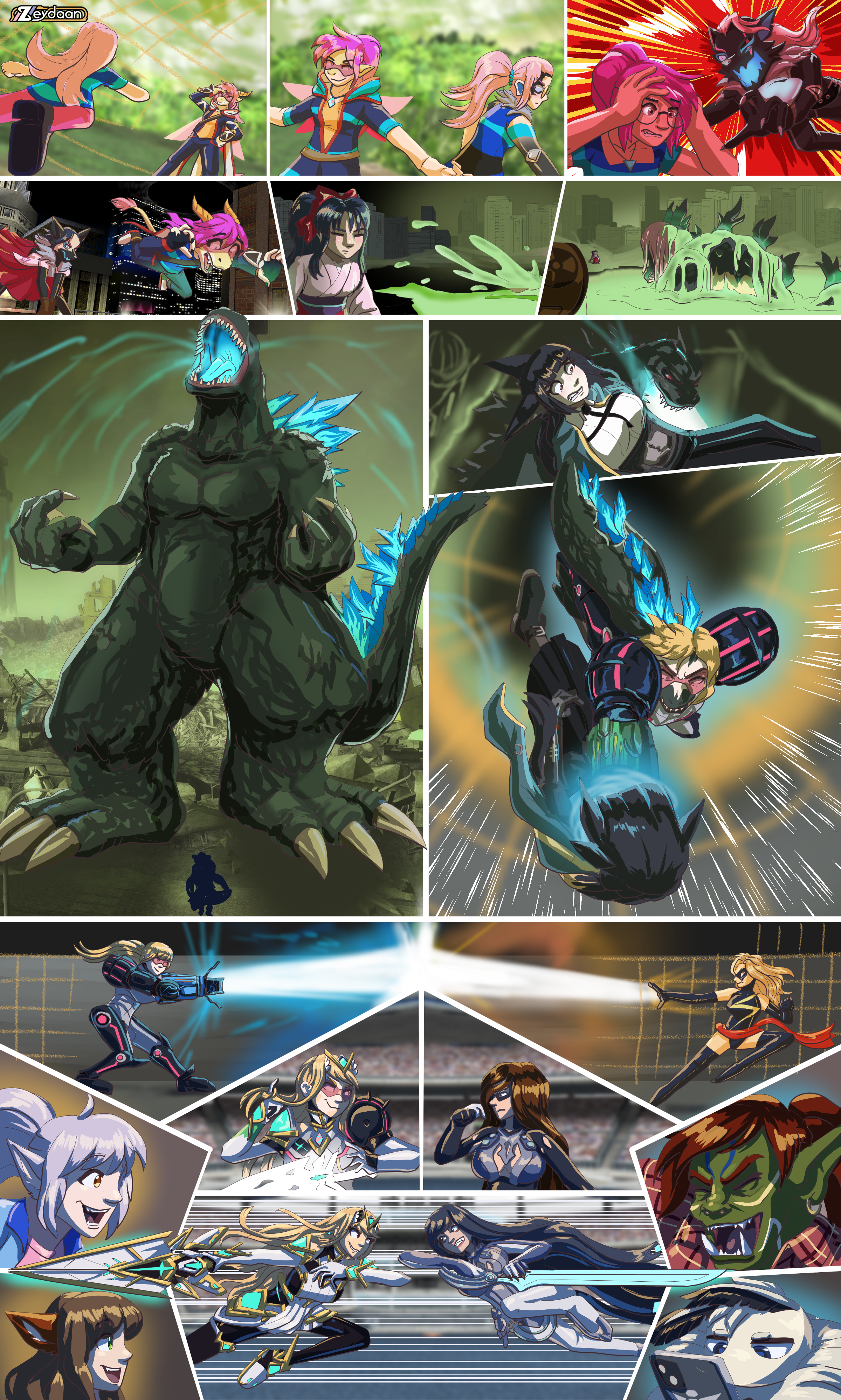 Isabella fighting Emily, turning into a clone of her, before Emily turns into highwire and throws her into some nuclear waste. As Emily then becomes Sakura, Isabella turns into Godzilla, before firing a laser and then turning into Samus in a phazon suit, engaging in a beam battle against Mrs Marvel, before they become Mythra and Raven respectively and charging at eachother as their teams cheer them on for the last time.