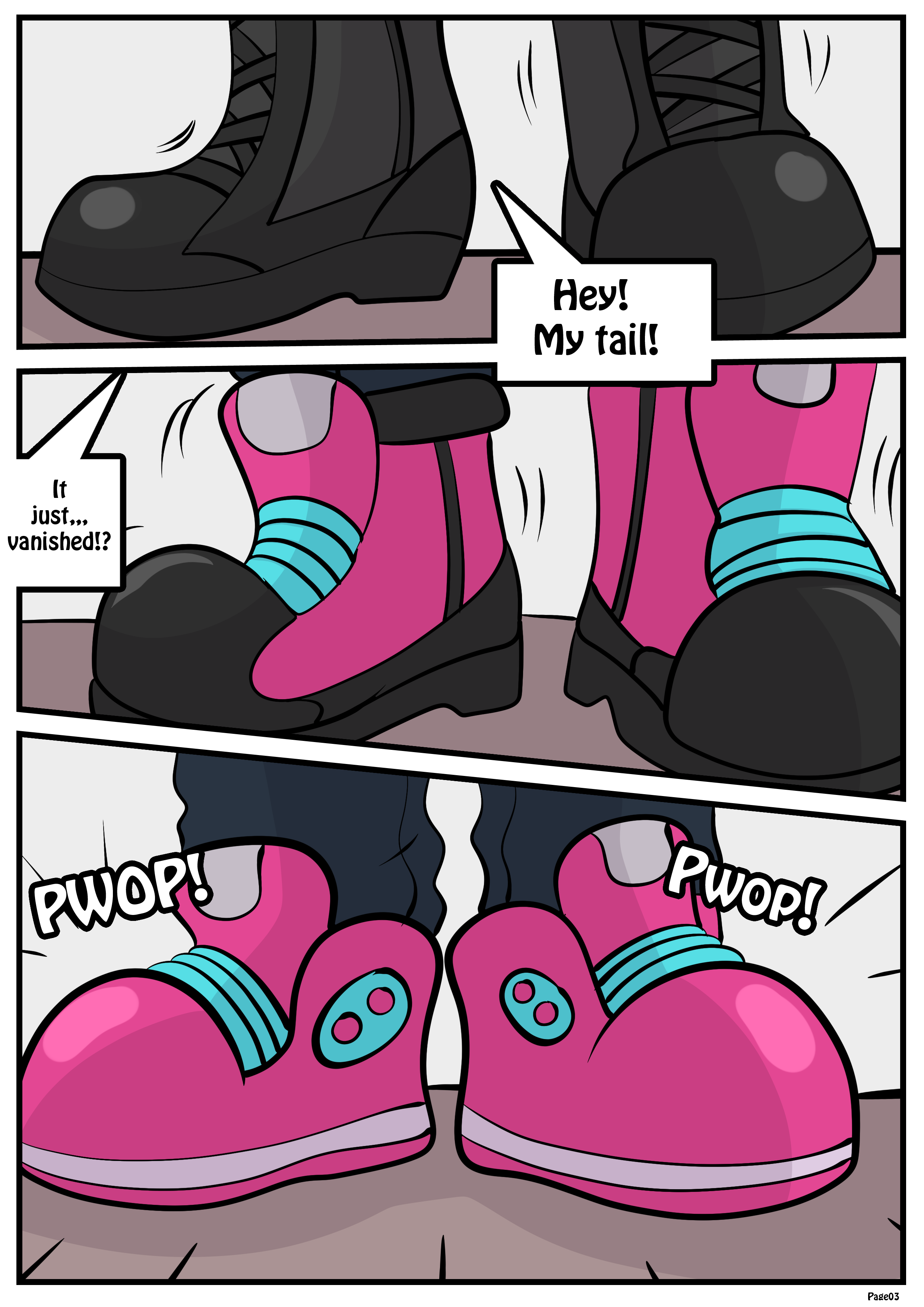 Zeydaan noticing her tail disappears while her boots turn into big foamy shoes.