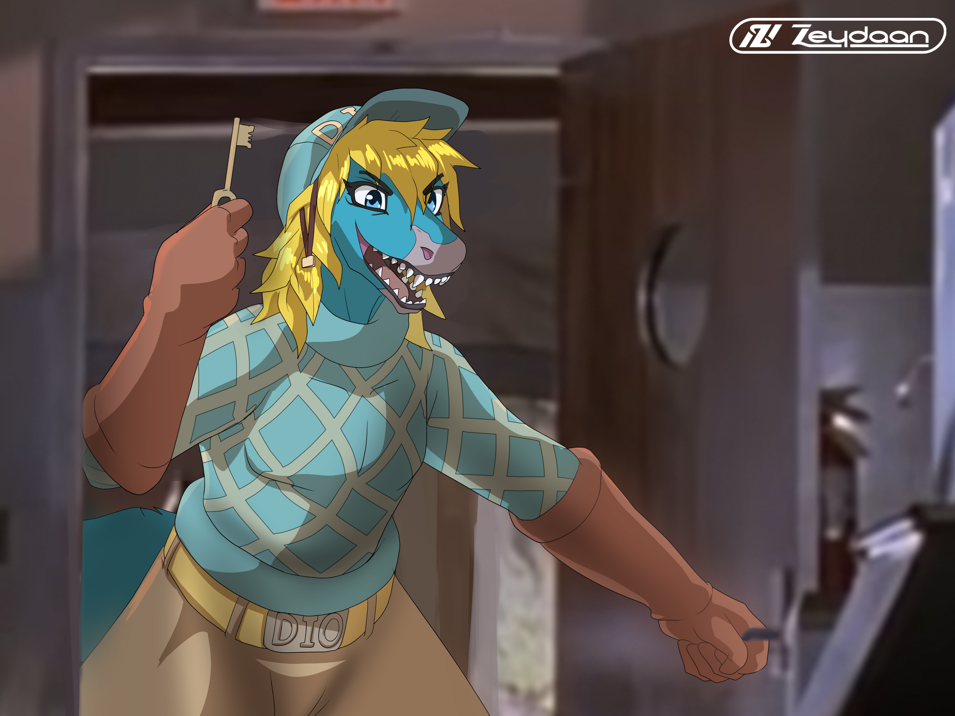 Diego brando as a dinosaur opening a door with a key-