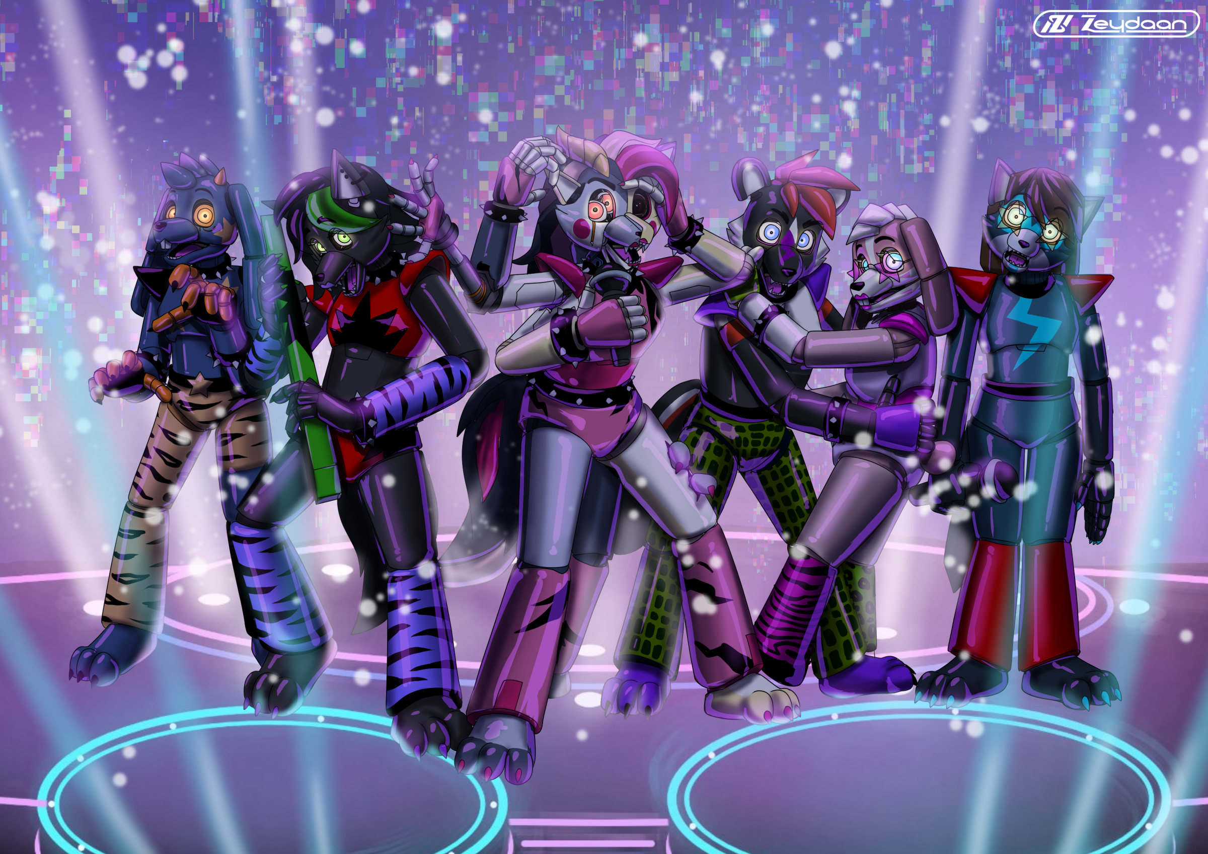 Lux, Scarlet, Zeydaan/Isabella (in mangled form), Stig, Rose and Caitlin turned into Glamrock Animatronics on the center stage.