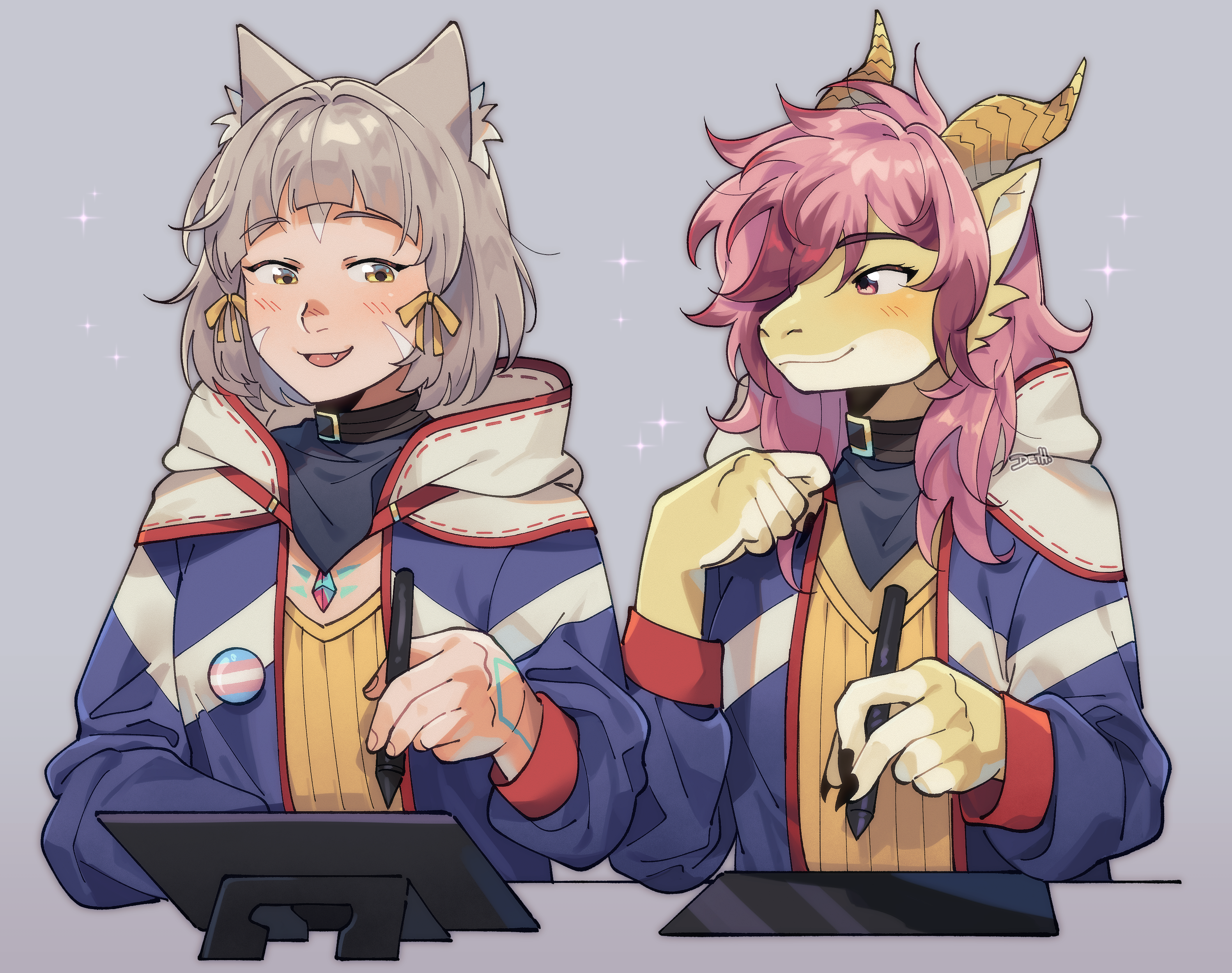 Isabella and Nia drawing together on Drawing Tablets