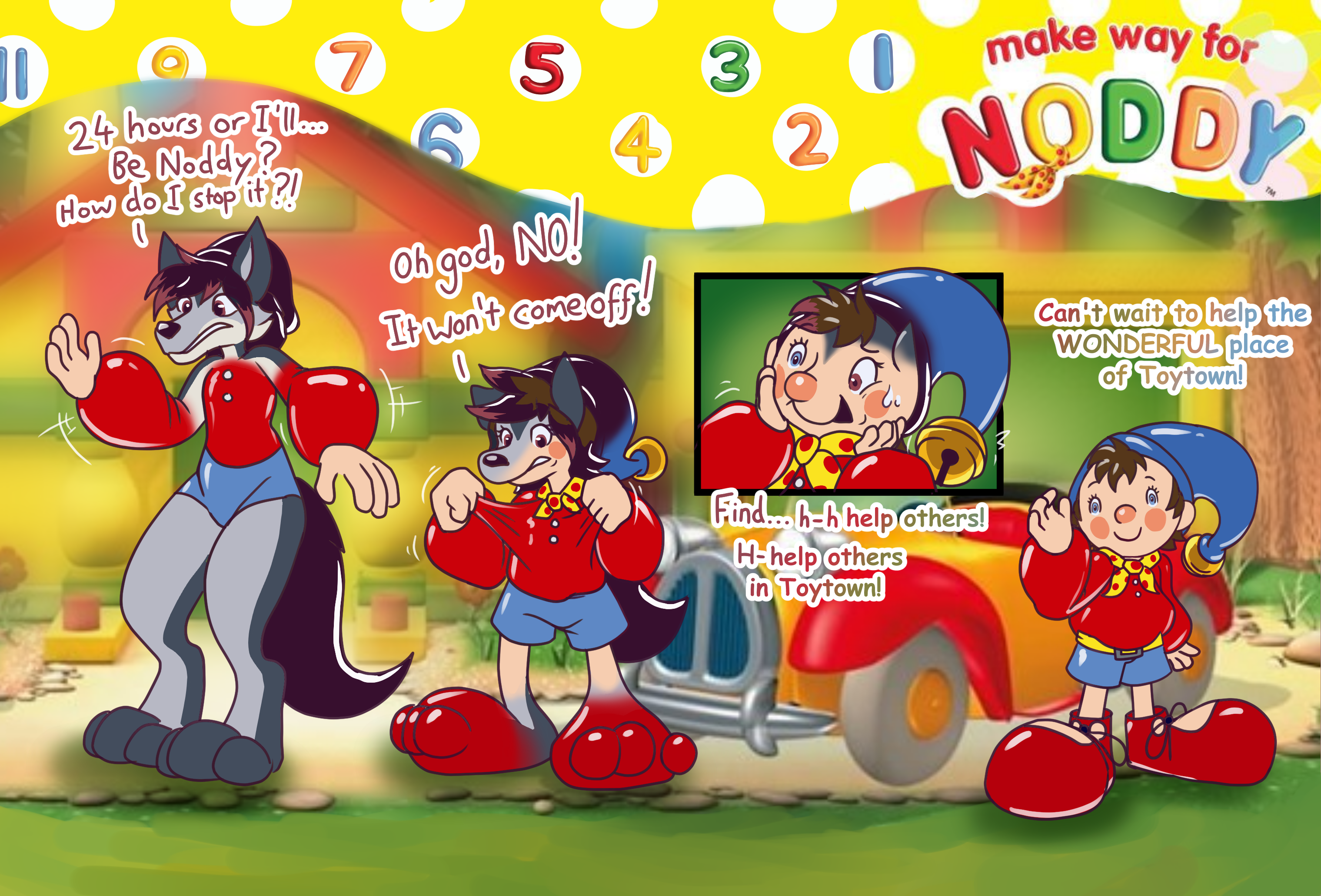 Zeydaan swelling up and turning into Noddy "24 hours or I'll... Be Noddy? How do I stop it?!" "Oh god, NO! It won't come off!" "Find... h-help others! H-help others in Toytown!" "Make way for Noddy" "Can't wait to help the wonderful place of Toytown!"