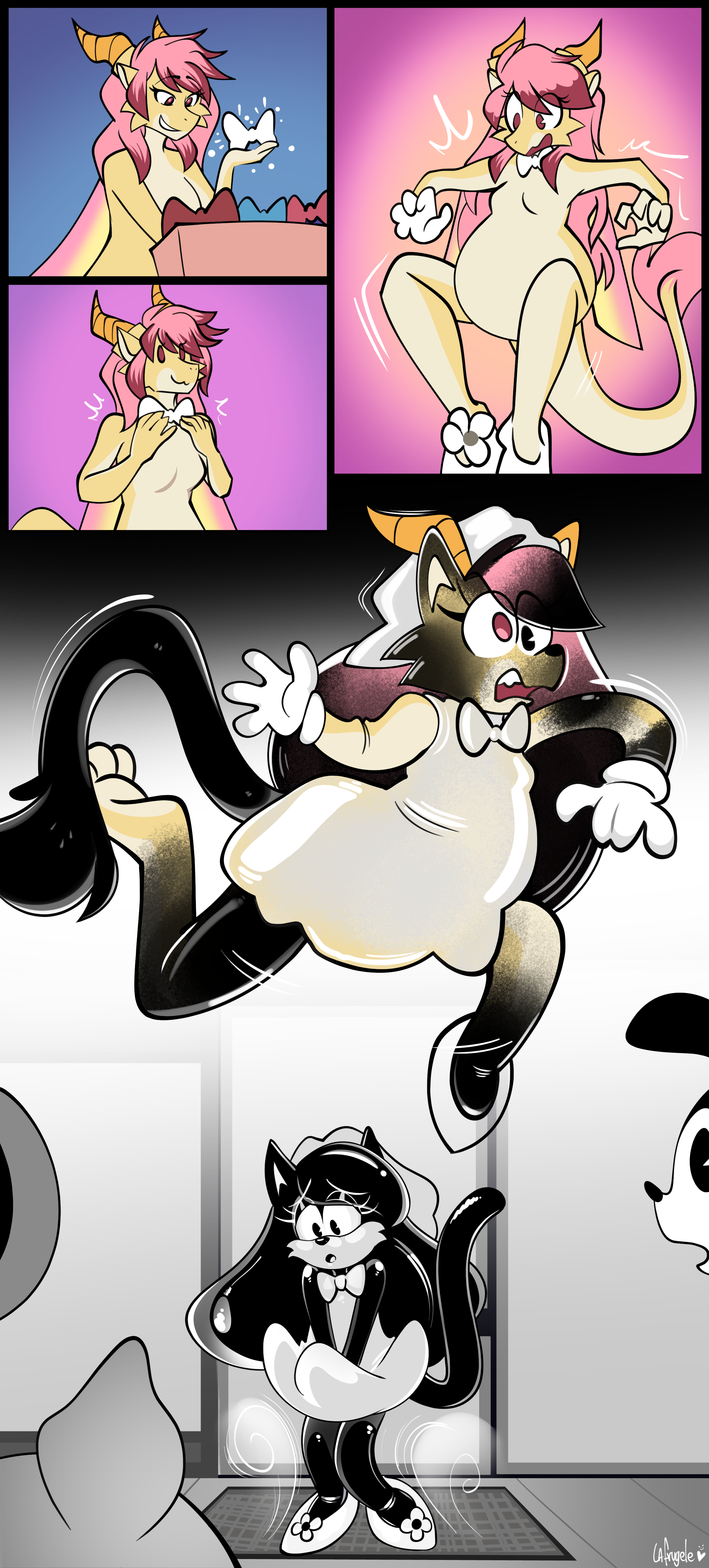 Isabella wearing a bow tie, growing gloves and shoes before her body becomes bloated and inky as Mimsy, looked at by Toons as she recreates the iconic Monroe vent shot.