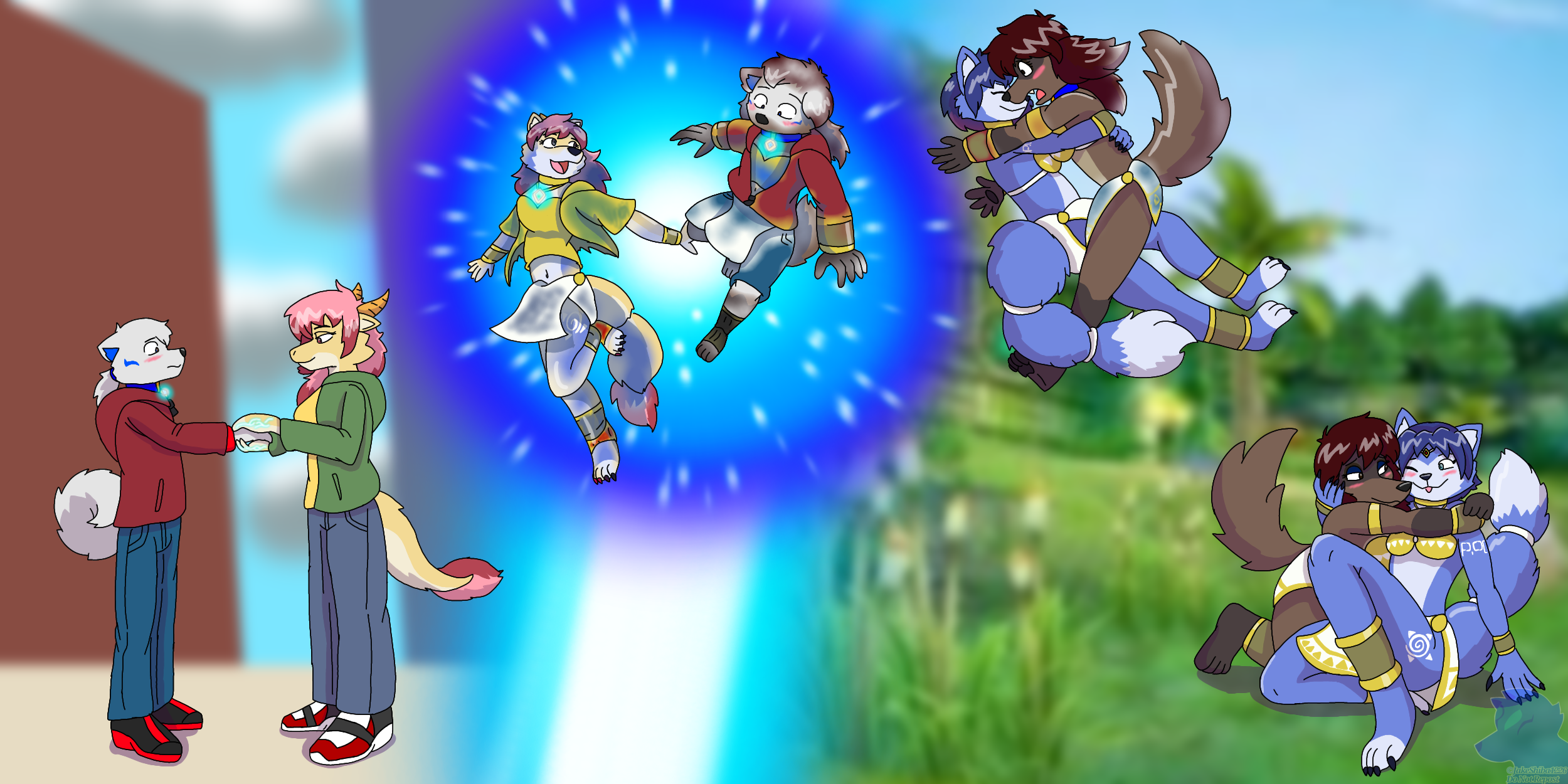 Isabella helping to awaken Jake's shapeshifting, turning herself into Krystal as Jake becomes Rita in adventures style armor- the two embracing