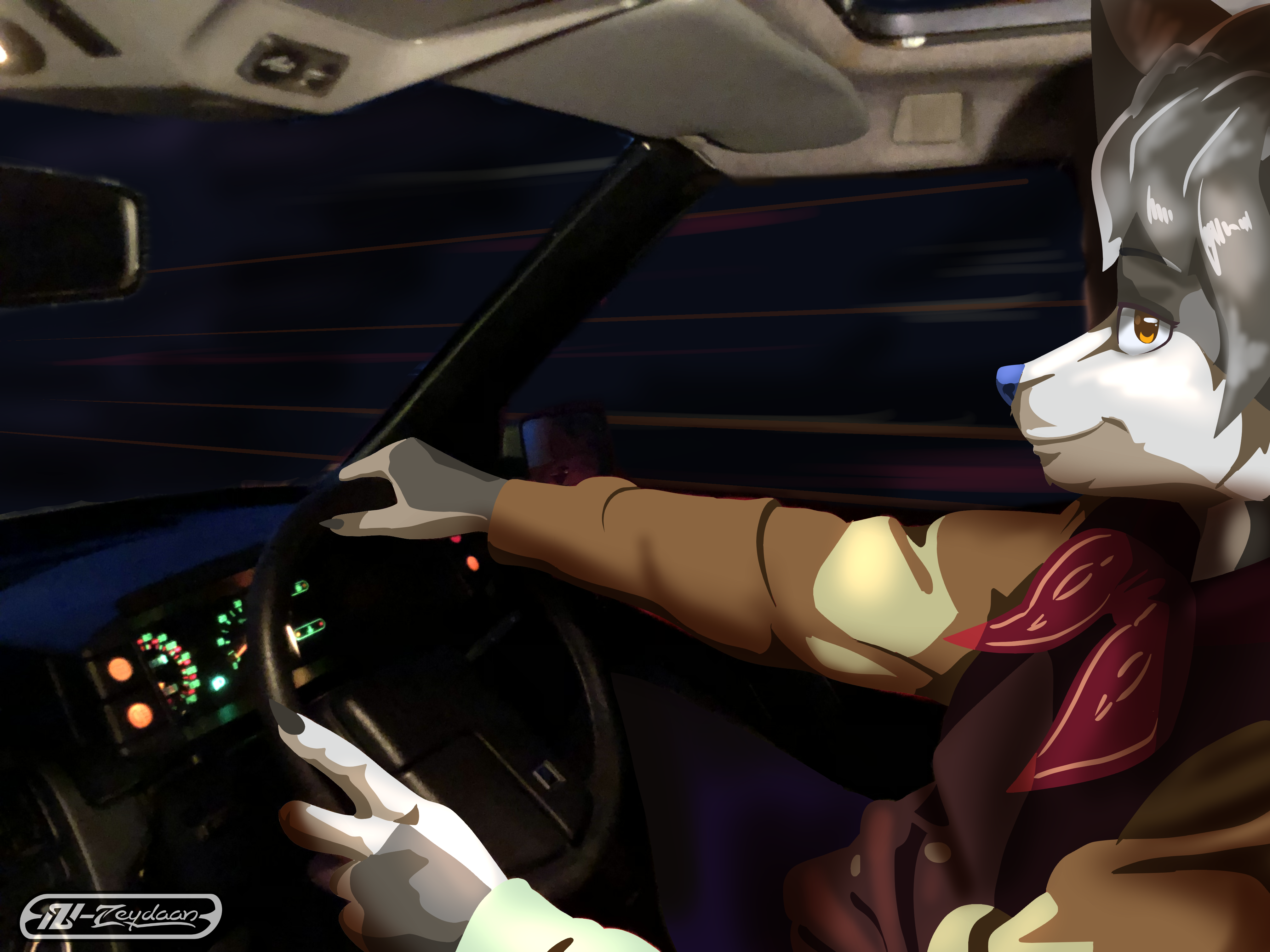 Lutis driving a vintage car
