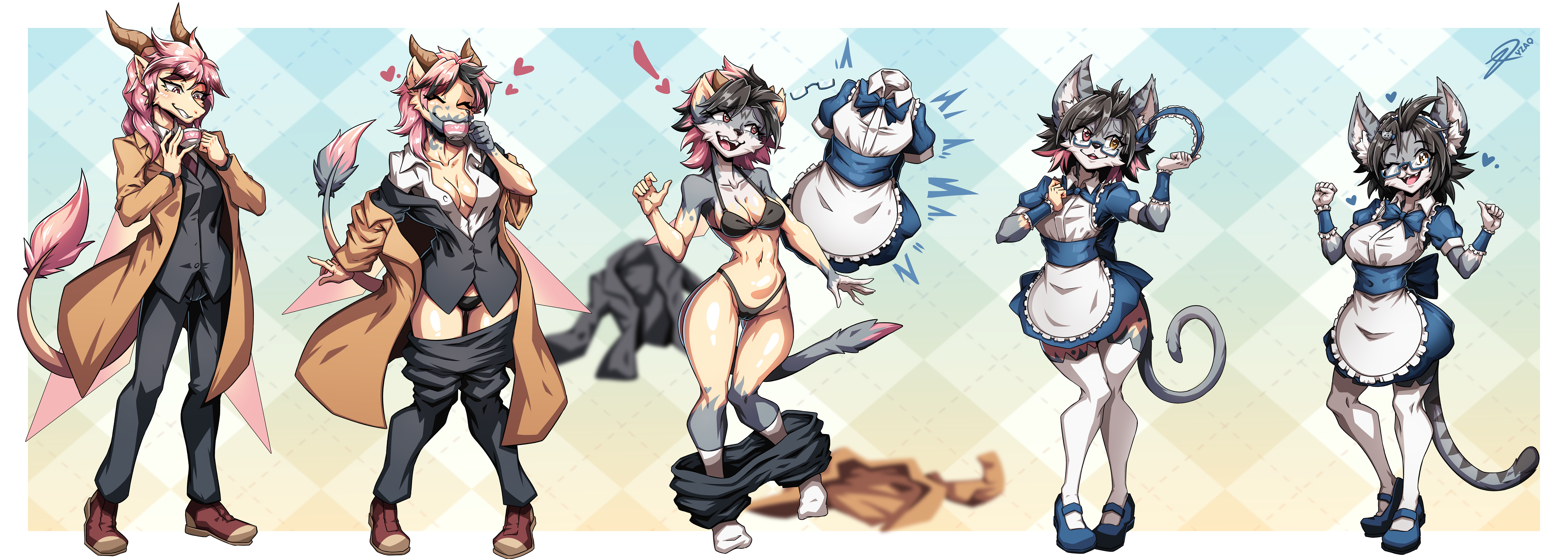 Isabella in a long coat drinking some Kimono Tea- shrinking out of her clothes until she becomes Felicia the cat in her blue maid dress.