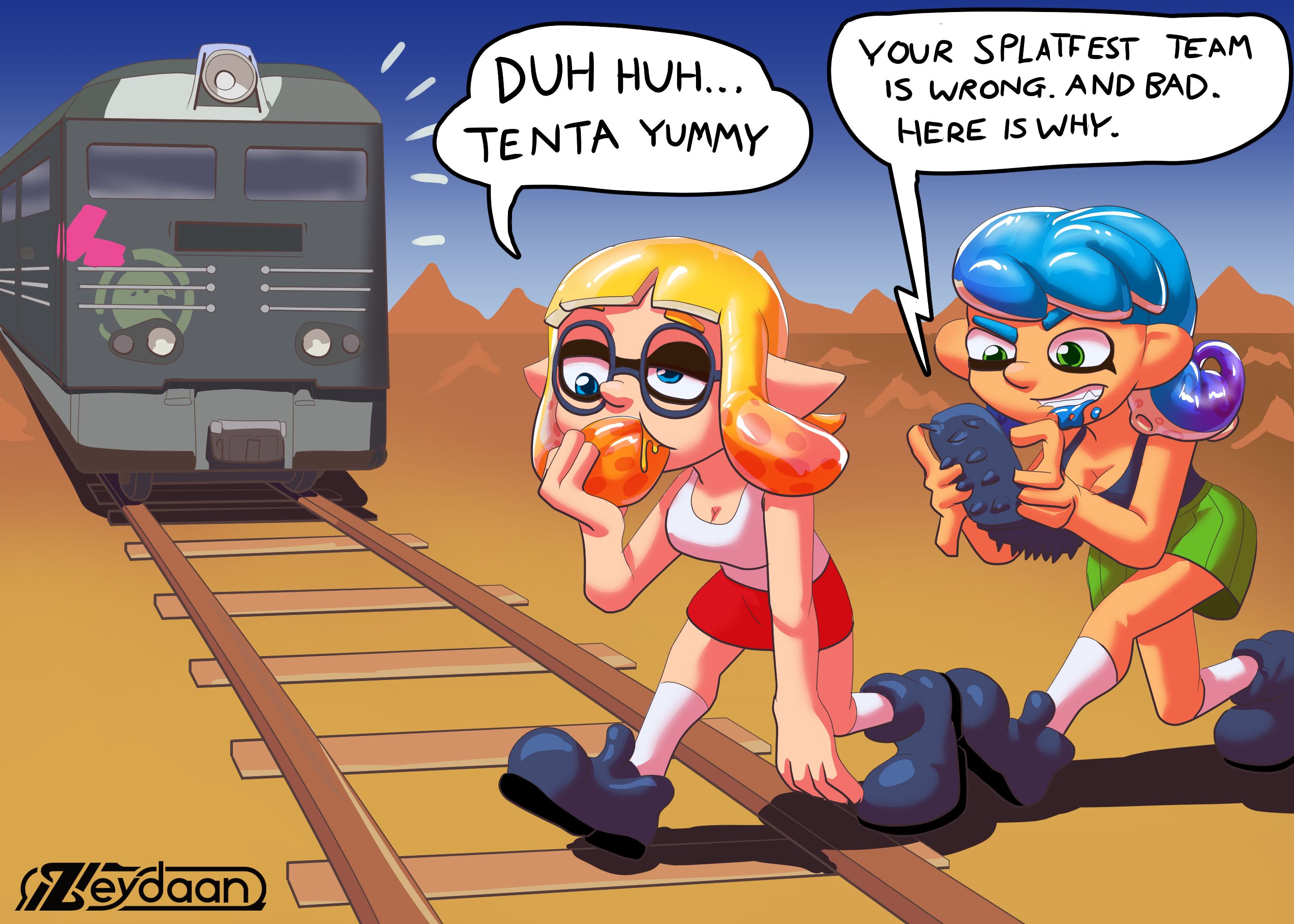 Brianne as an inkling eating her own tentacle and Leslie angrily posting on splatter as they both walk in front of a train. "Duh huh... tenta yummy" "Your splatfest team is wrong. and bad. Here is why."