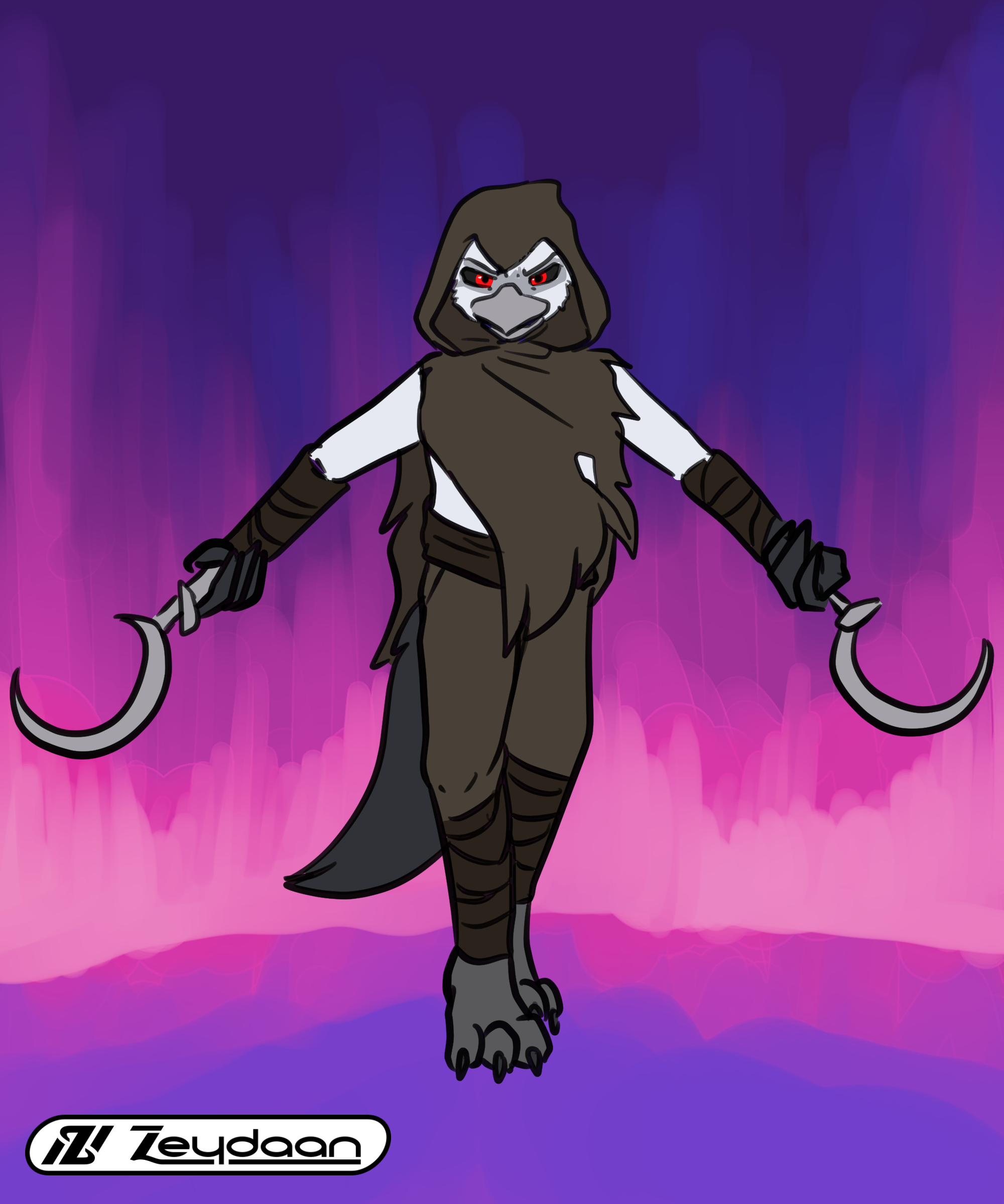 Karth possessed by the Wolf Death, holding their scythes to the side in front of a fiery wall