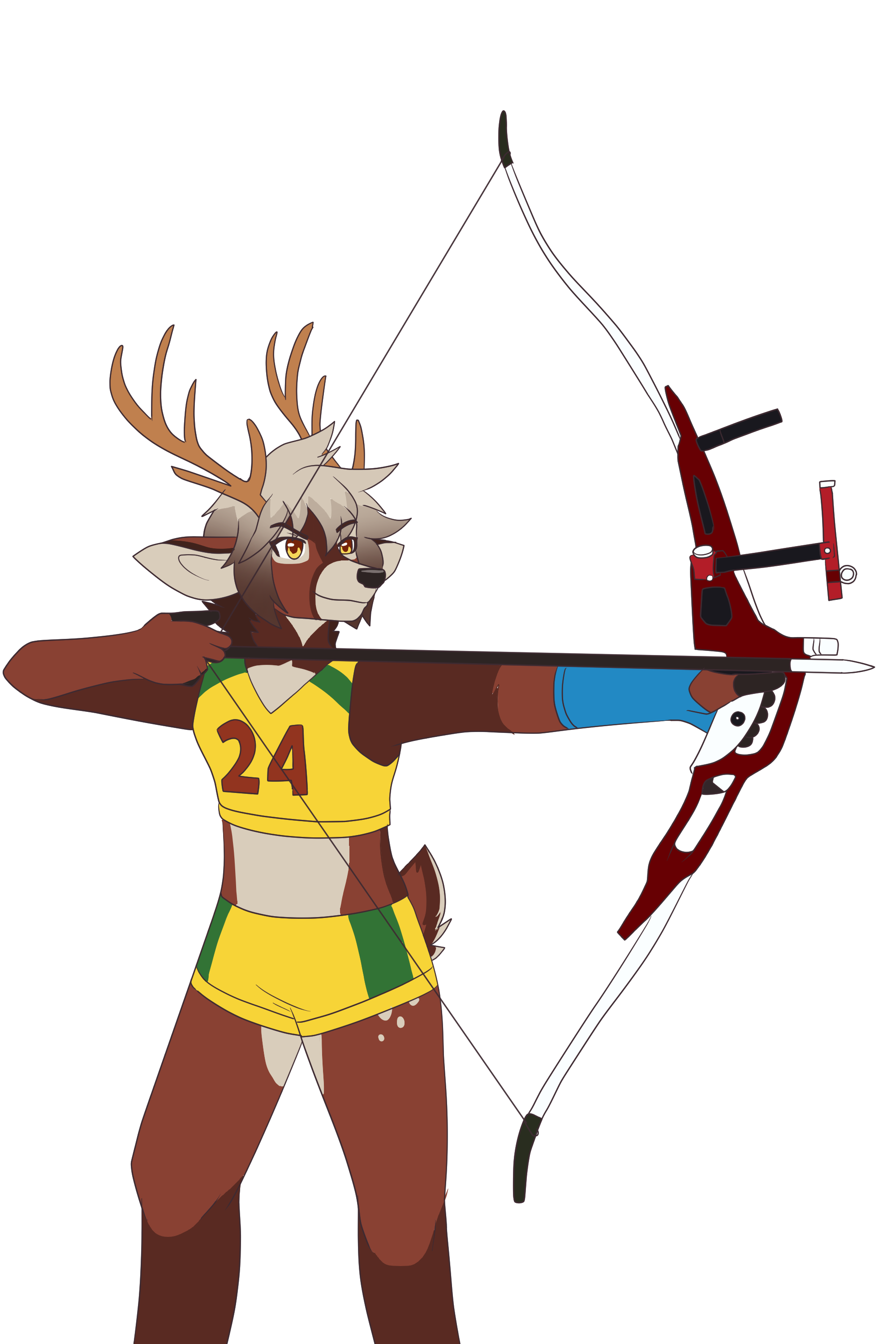 Grazeley the Deer holding drawing a bow with 24 on their shirt.