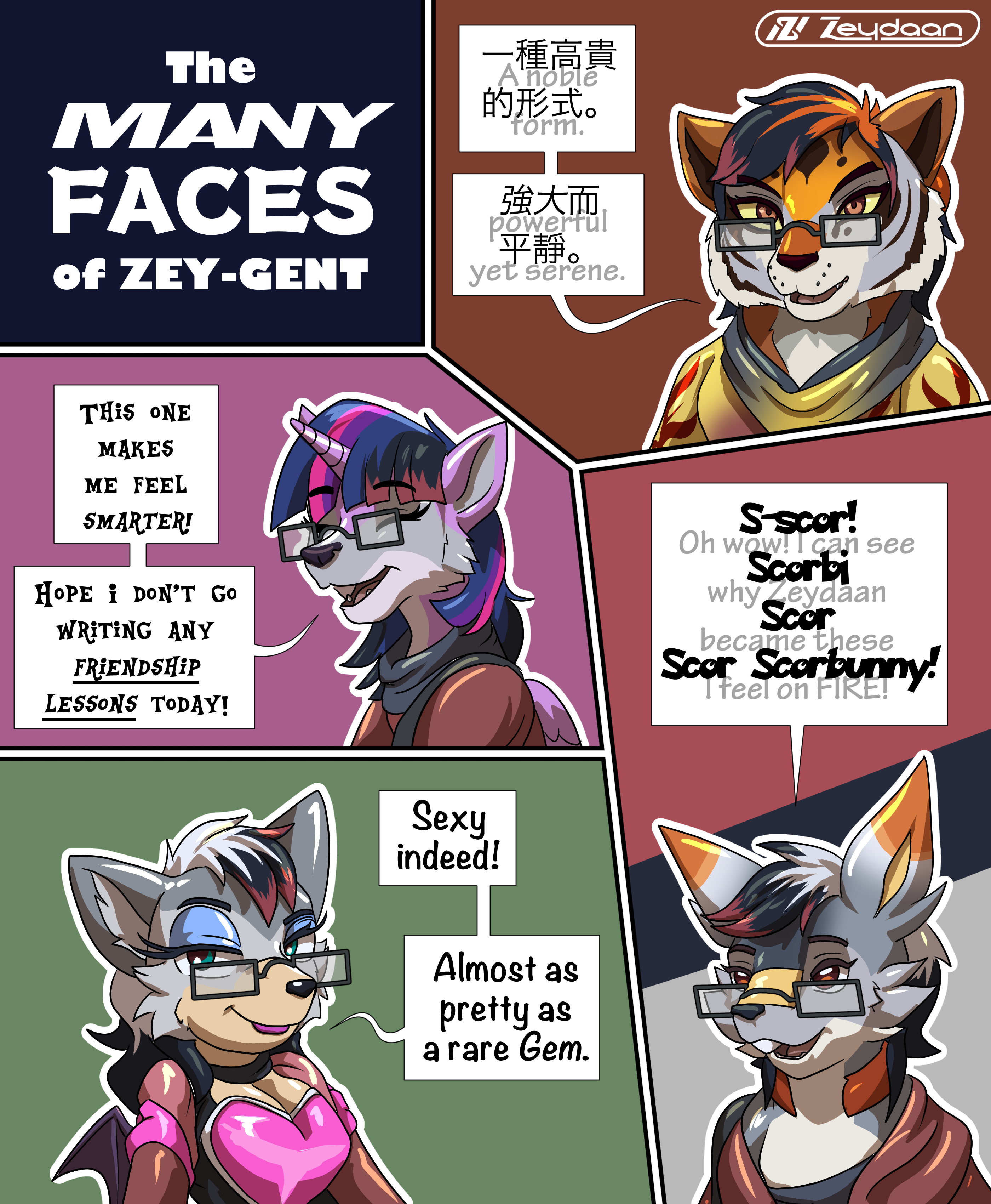 Zeydaan-Agent turning into Tigress, Twilight Sparkle, Rouge and a Scorbunny "A noble form. Powerful yet serene." "This one makes me feel smarter! Hope I don't go writing any friendship lessons today!" "Sexy indeed! Almost as pretty as a rare Gem." "Oh wow! I can see why Zeydaan became these I feel on FIRE!"
