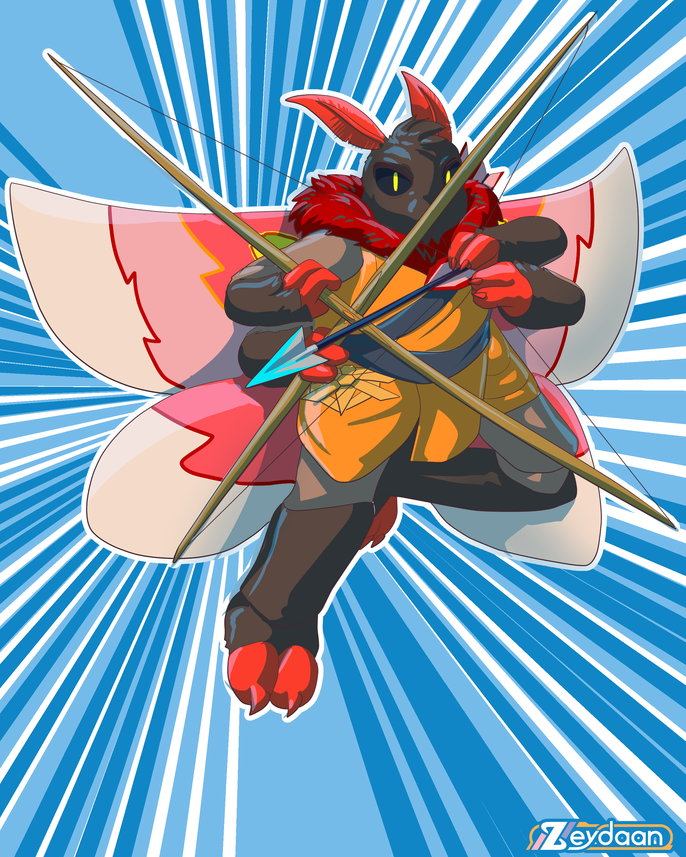 Eliza in a hawkmoths uniform, leaping into the air with a composite bow.