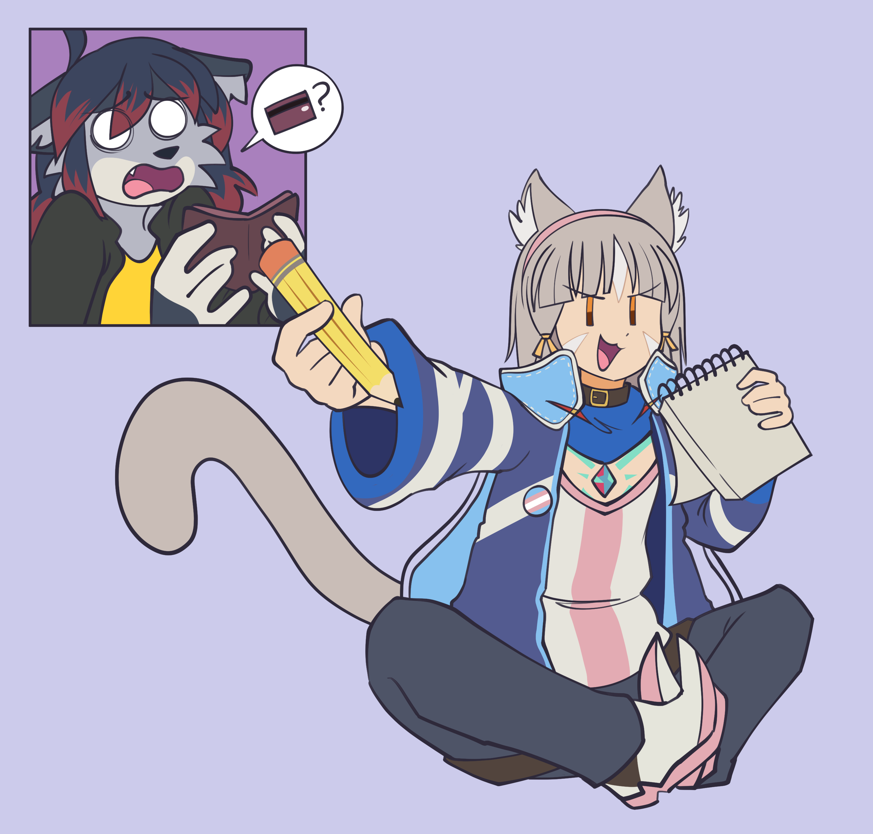 Zeydaan looking concerned with her wallet as Nia holds a pencil and notepad, instructing her to spend money and draw her.