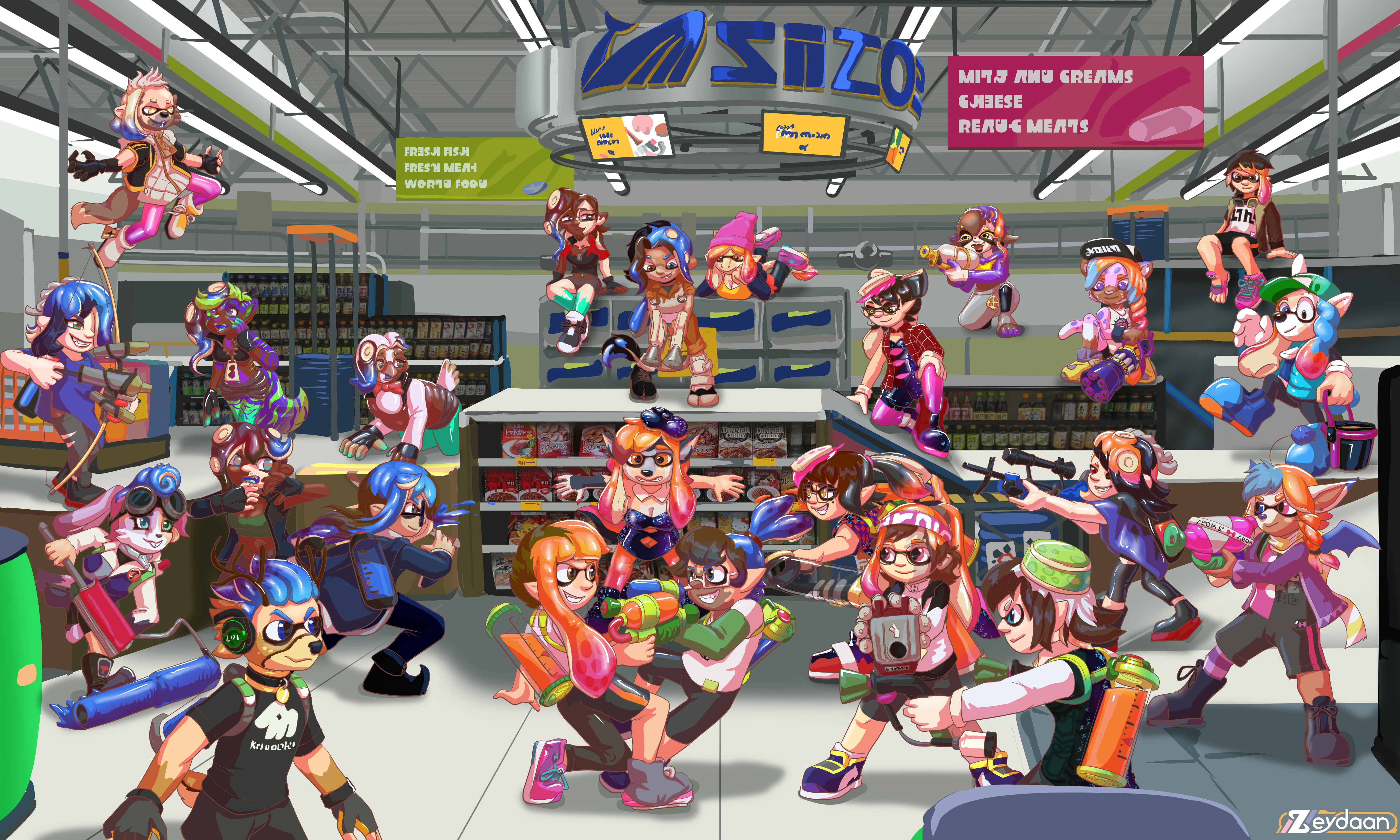 Tobias turning into Pearl, Mido and Brent turning into Shiver, Vivian, Dean, Stener and Agent turning into Marina, Pix into Agent 8, Zeydaan/Isabella into Inku, Robyn and Crim into Callie, Terrance into Marie, Gemma into Frye, with Roxanne and Victoria turning into Octolings, and Rune, Rossy, Drake, Mira, Marsail, Fabio, Dim and Erakir turning into Inklings in the middle of a supermarket "Fresh fish, Fresh meat, World food" "Milk and creams, cheese, Ready Meals"