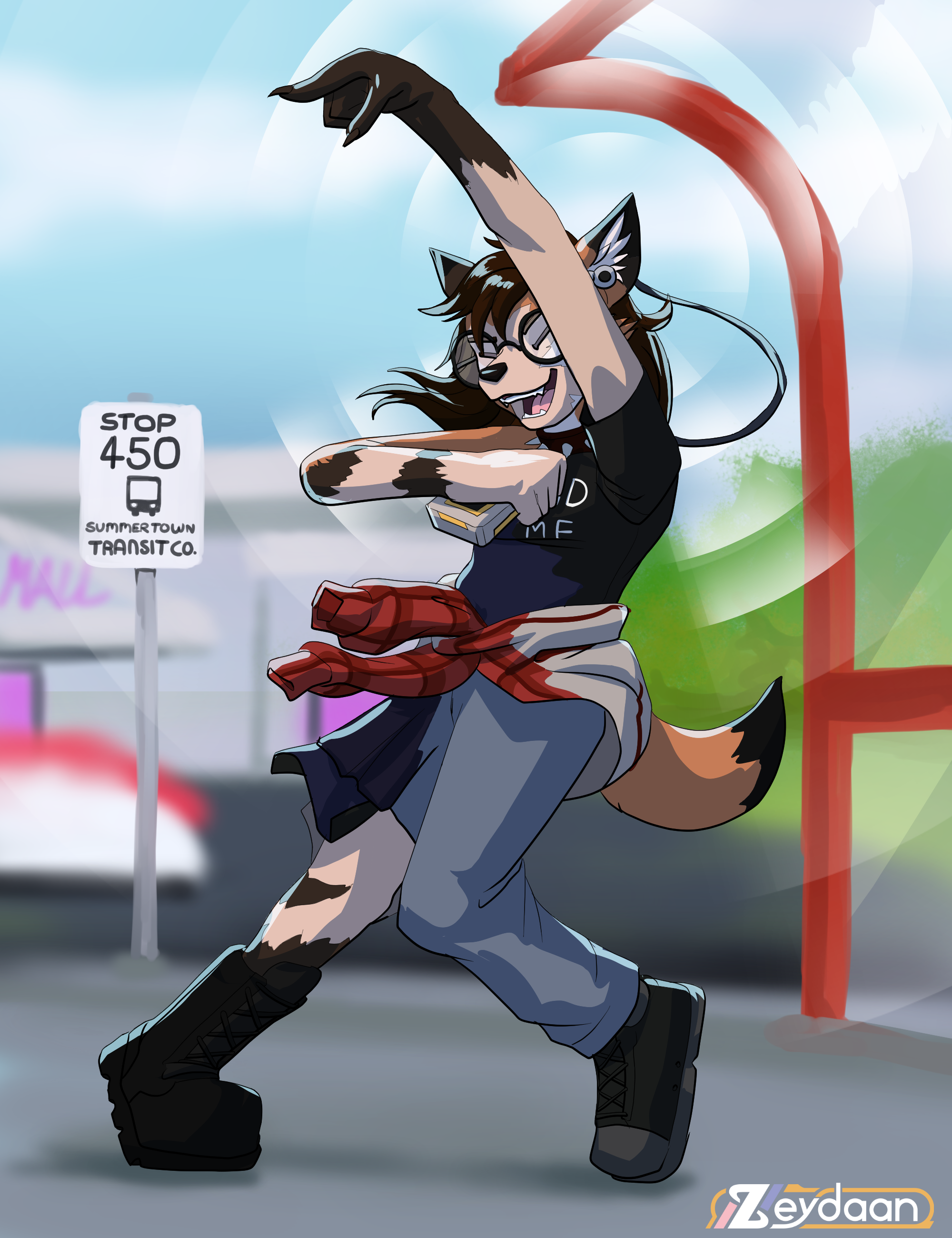 Lenora Dancing at a bus stop, while she transforms into a Fox girl with sound waves coming off her "Stop 450 Summertown Transit Co."