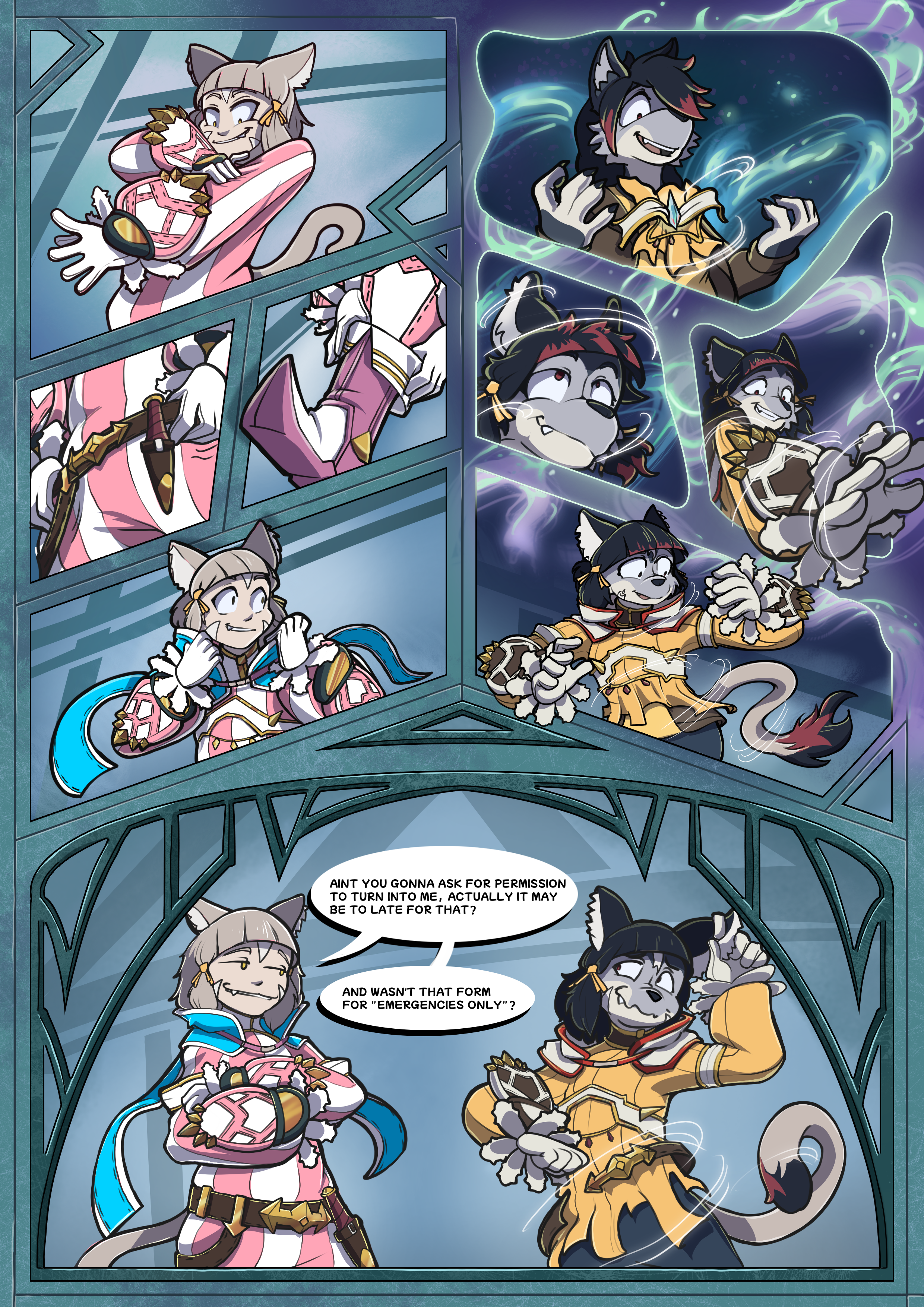 Nia puts on her candystripe outfit, while Zeydaan turns into a clone of her, materialising her outfit in the process. "Ain't you gonna ask for permisssion to turn into me, actually it may be too late for that? And wasn't that form for "Emergencies only"?"