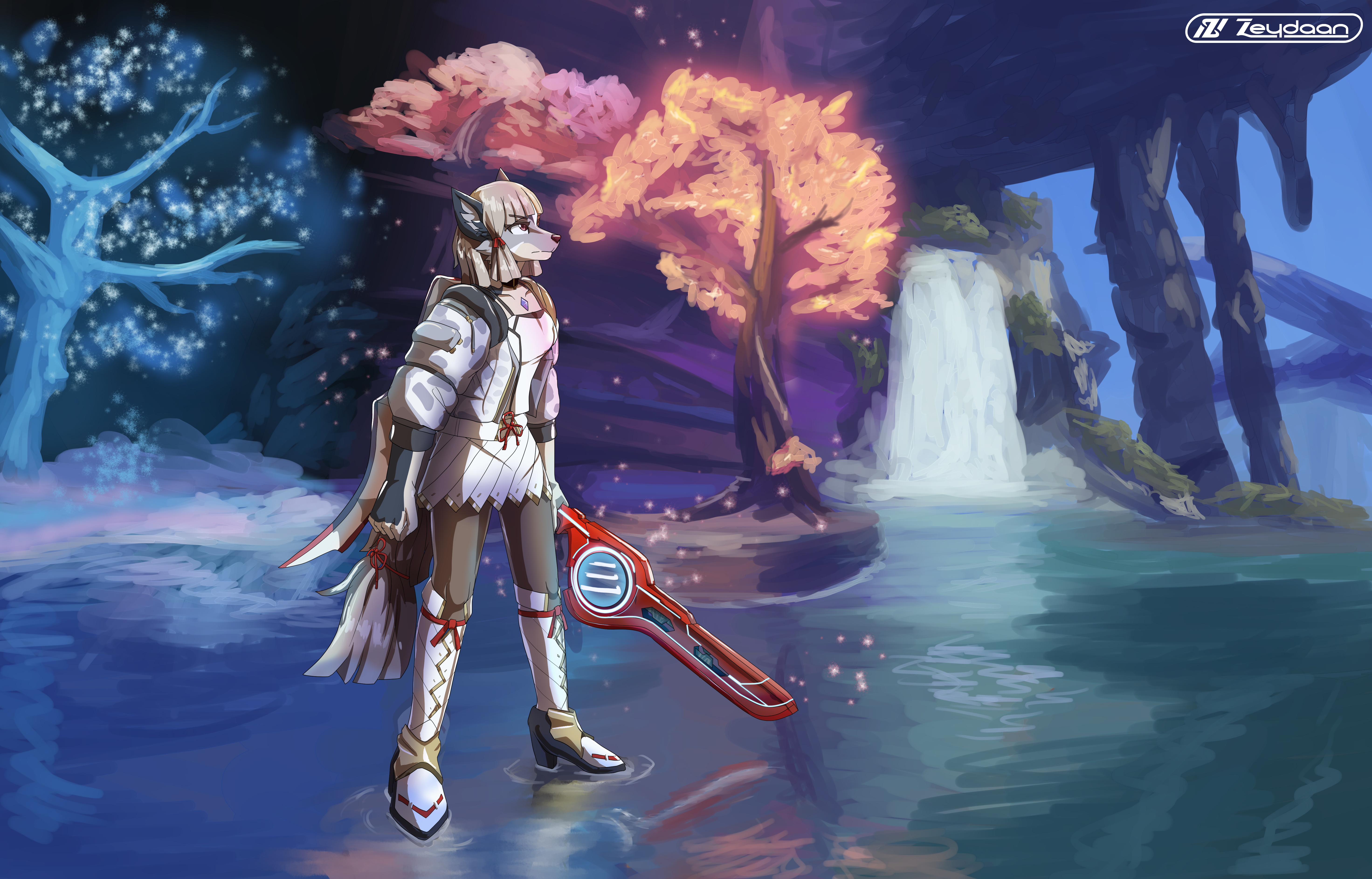 Zeydaan, dressed as Mio, wielding the Monado, while standing in a fusion of Satoryl Marsh, the Urayan Titan and The Great Cotte Falls