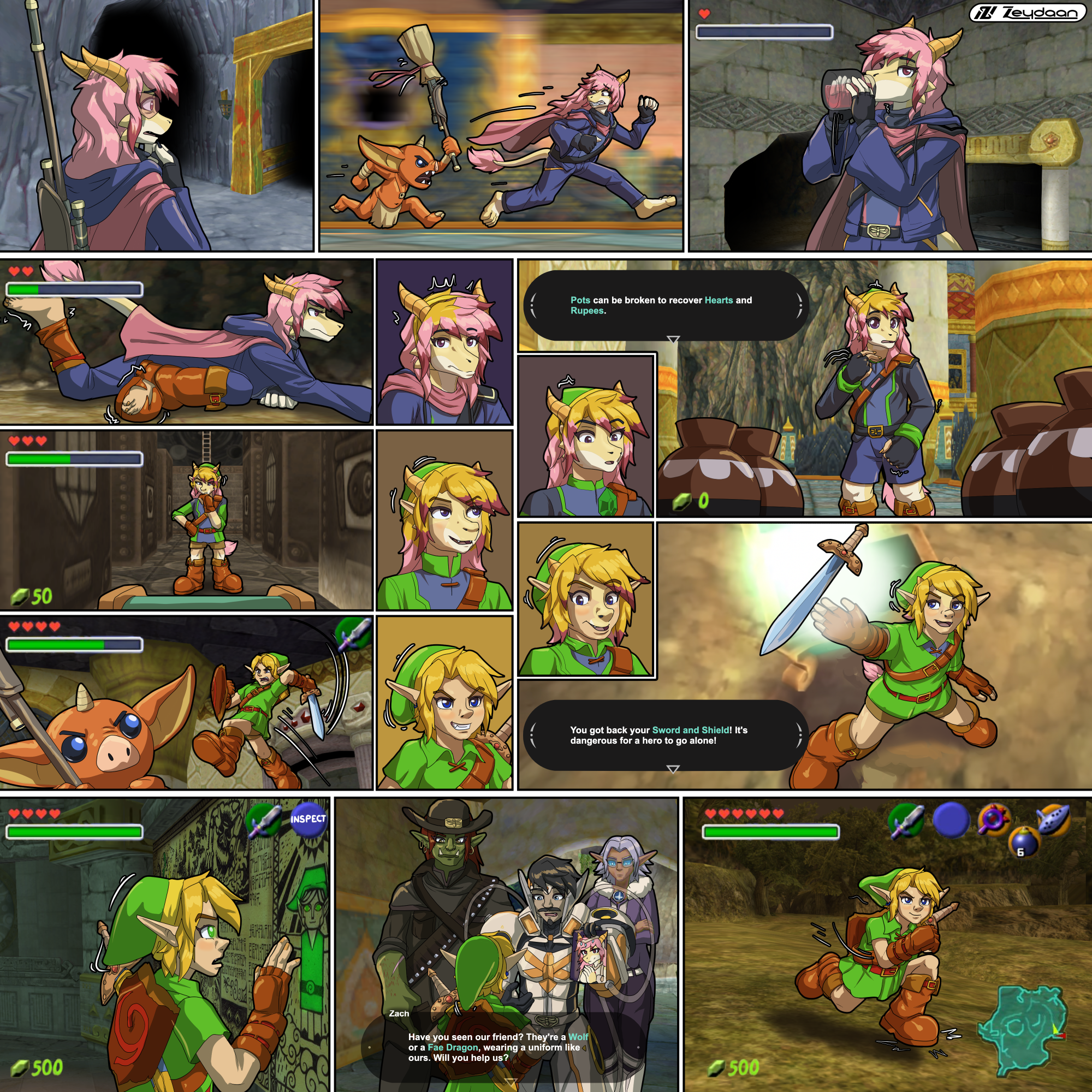 Isabella travelling through a dungeon, slowly turning into Link as her clothes change- hat growing longer as her face changes too. Grabbing a sword from a chest, he runs out of the dungeon fully as Link "Pots can be broken to recover hearts and rupees." "You got back your Sword and Shield! It's dangerous for a hero to go alone!" "Have you seen our friend? They're a wolf or a fae dragon, wearing a uniform like ours. Will you help us?"