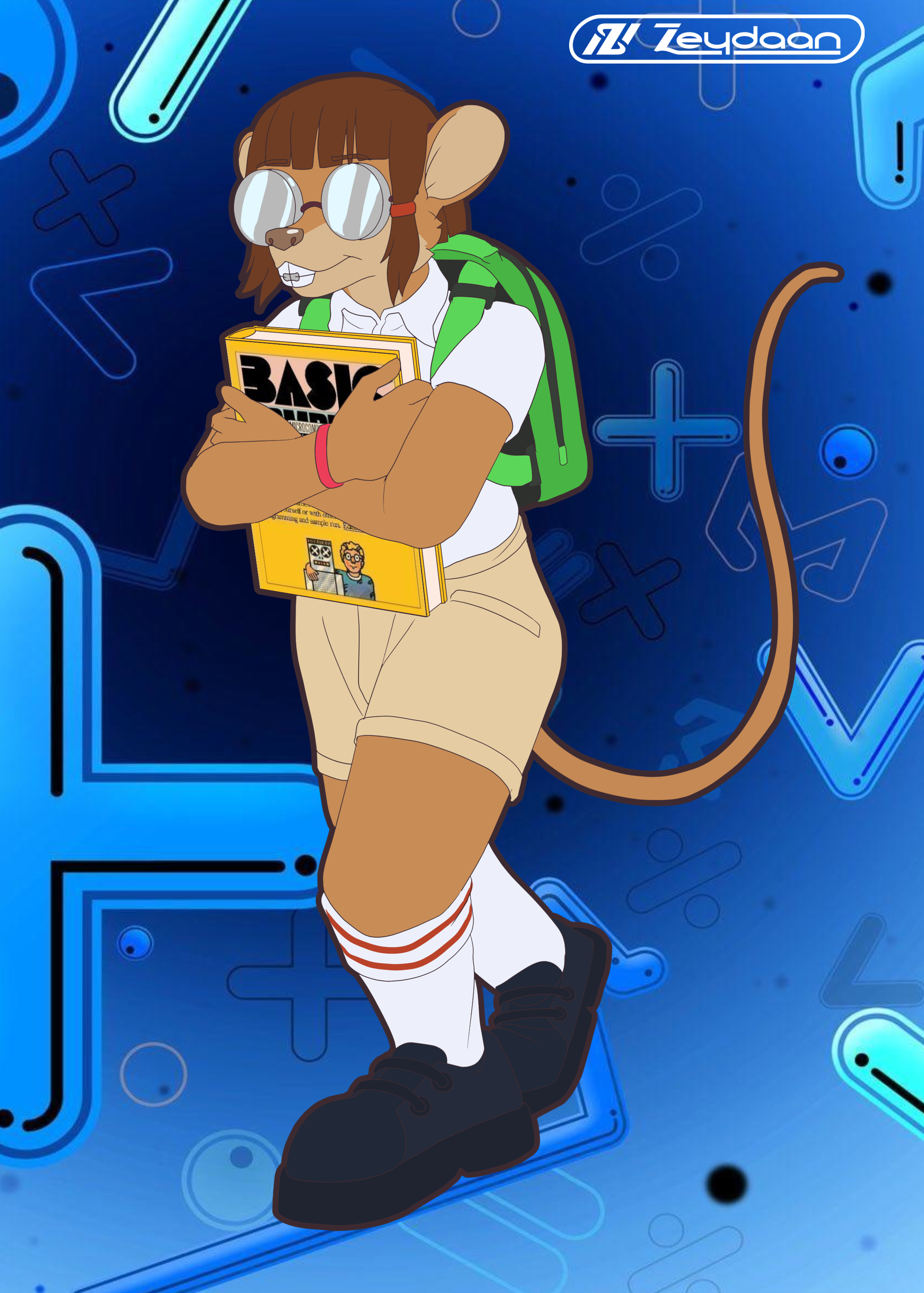 Nerdy mouse girl with high socks, thick-rimmed glasses and boots holding a book on coding.