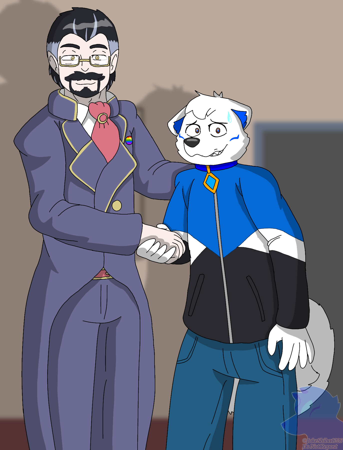 Darius Jem shaking Jake's hand as he looks awkwardly at the camera