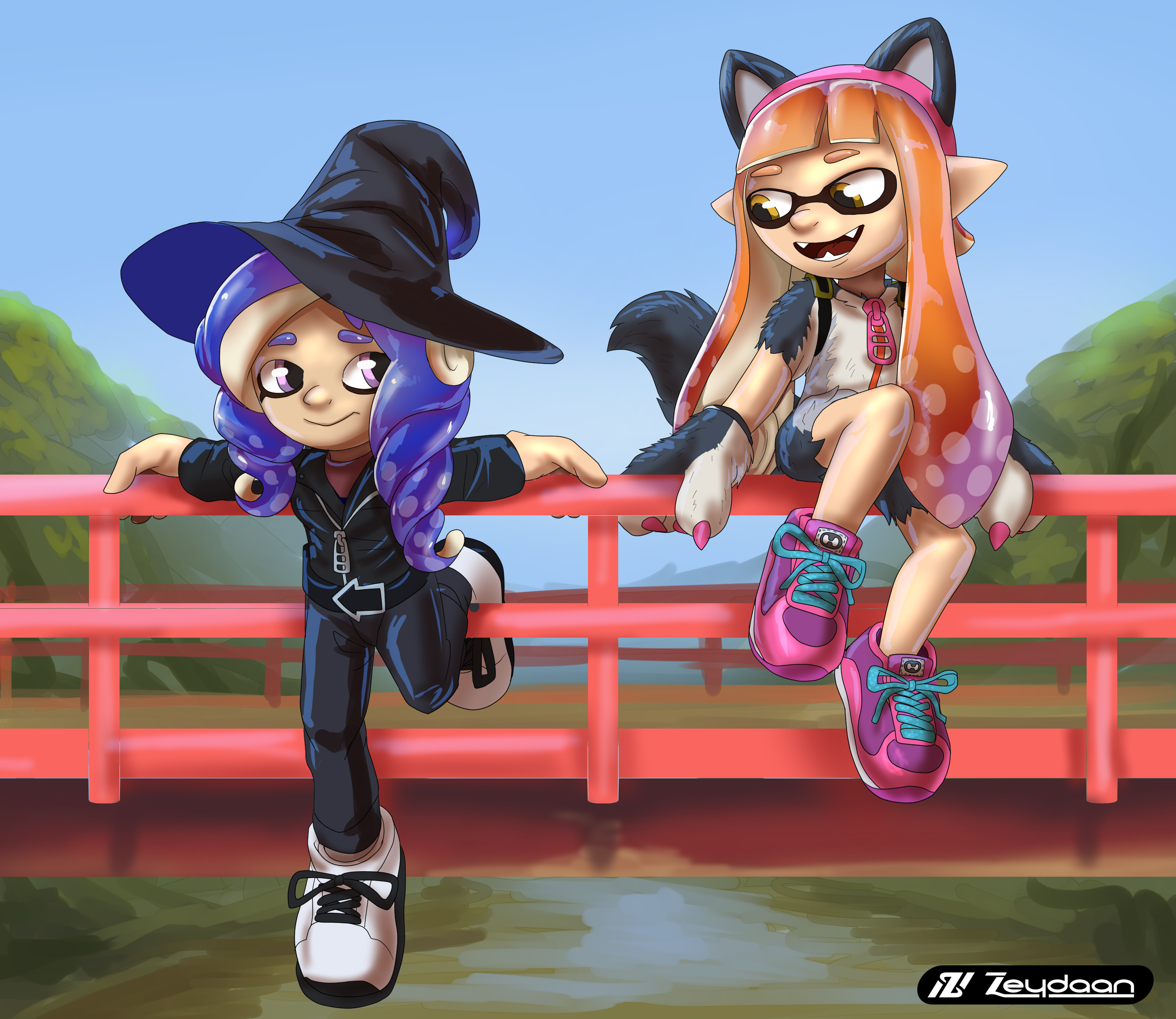 Eris and Inku lounging over a bridge