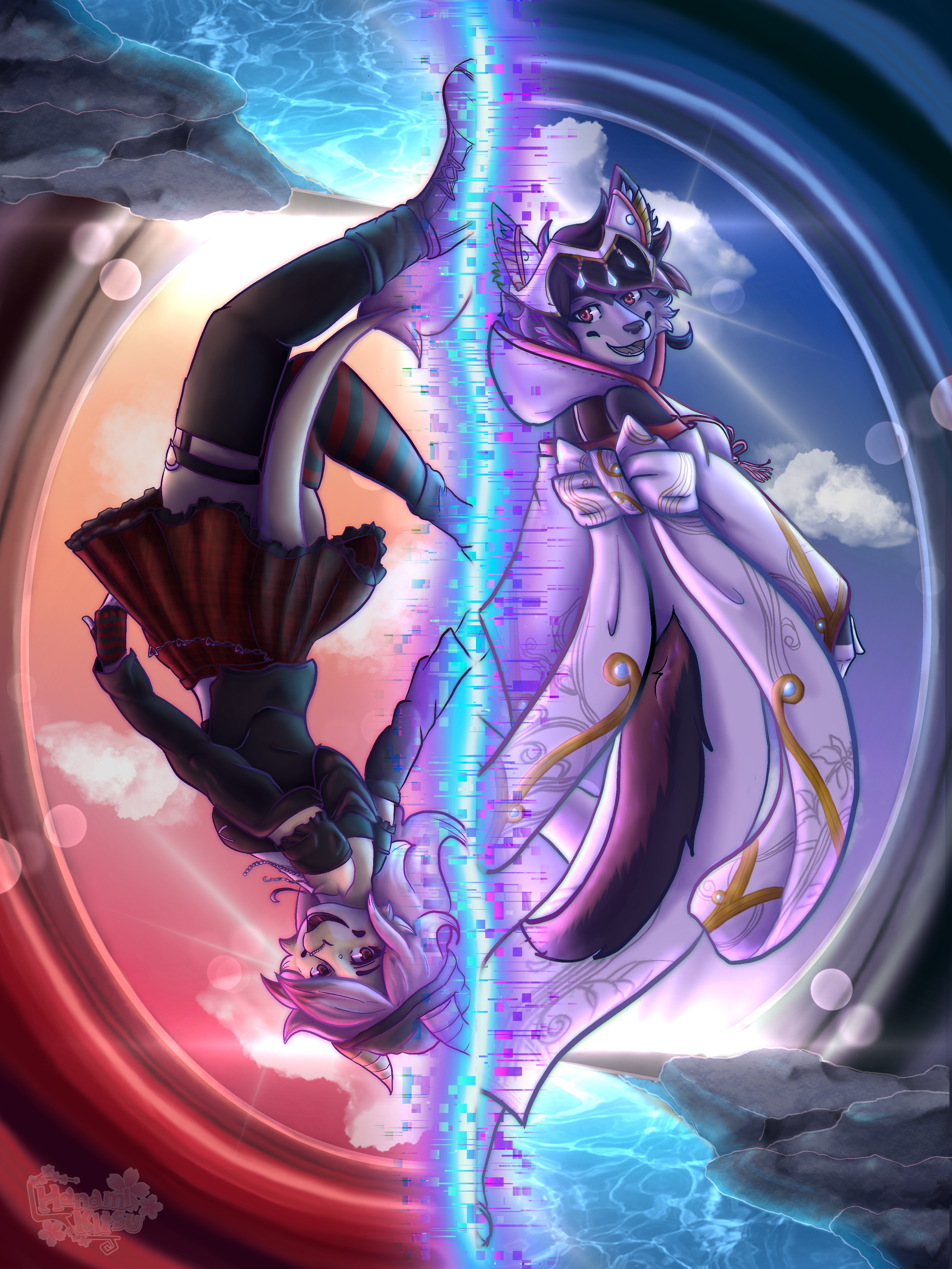 Zeydaan in Nia's royal kimono and Isabella in gothy gear around eachother with an interdimensional rift.