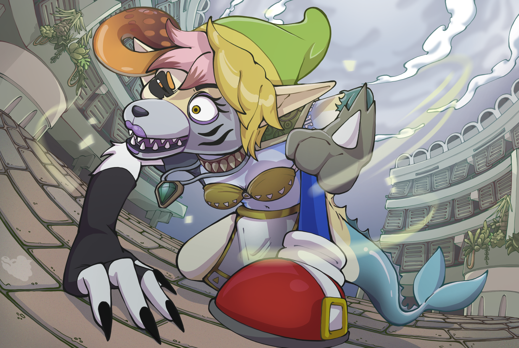 Isabella glitching out as she flails on the floor in the middle of the Hawmoths base. With an inkling ear and tentacle, Link's hat and hair, Roxanne wolf's eye and muzzle, Loona's right arm and Lucario's left arm, Krystal's torso and bikini, Sonic's left foot and Vaporeon's tail.