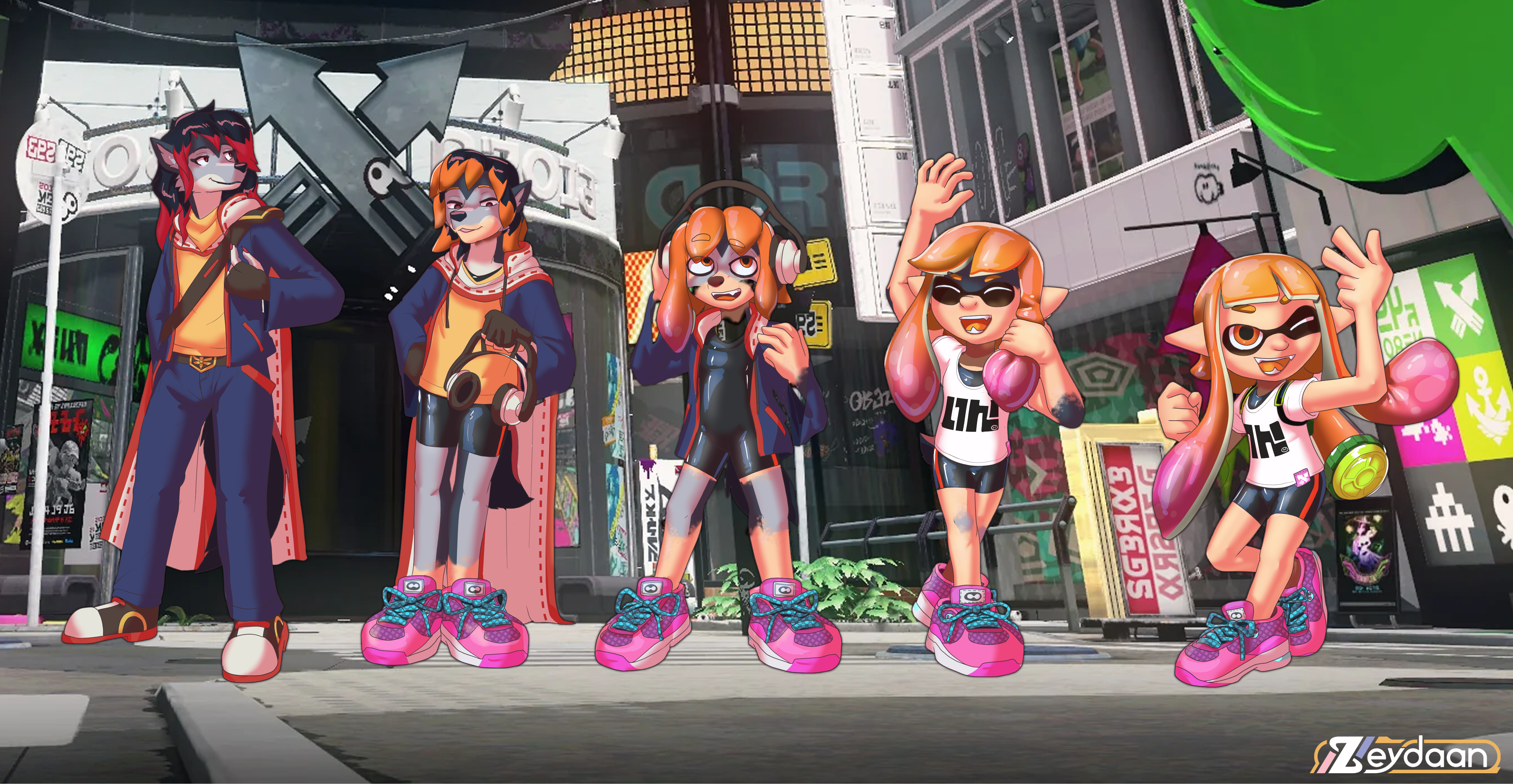 Zeydaan transforming into Inku the Inkling, intermittently changing more and more of her new outfit as she shrinks down and tentacles grows out.
