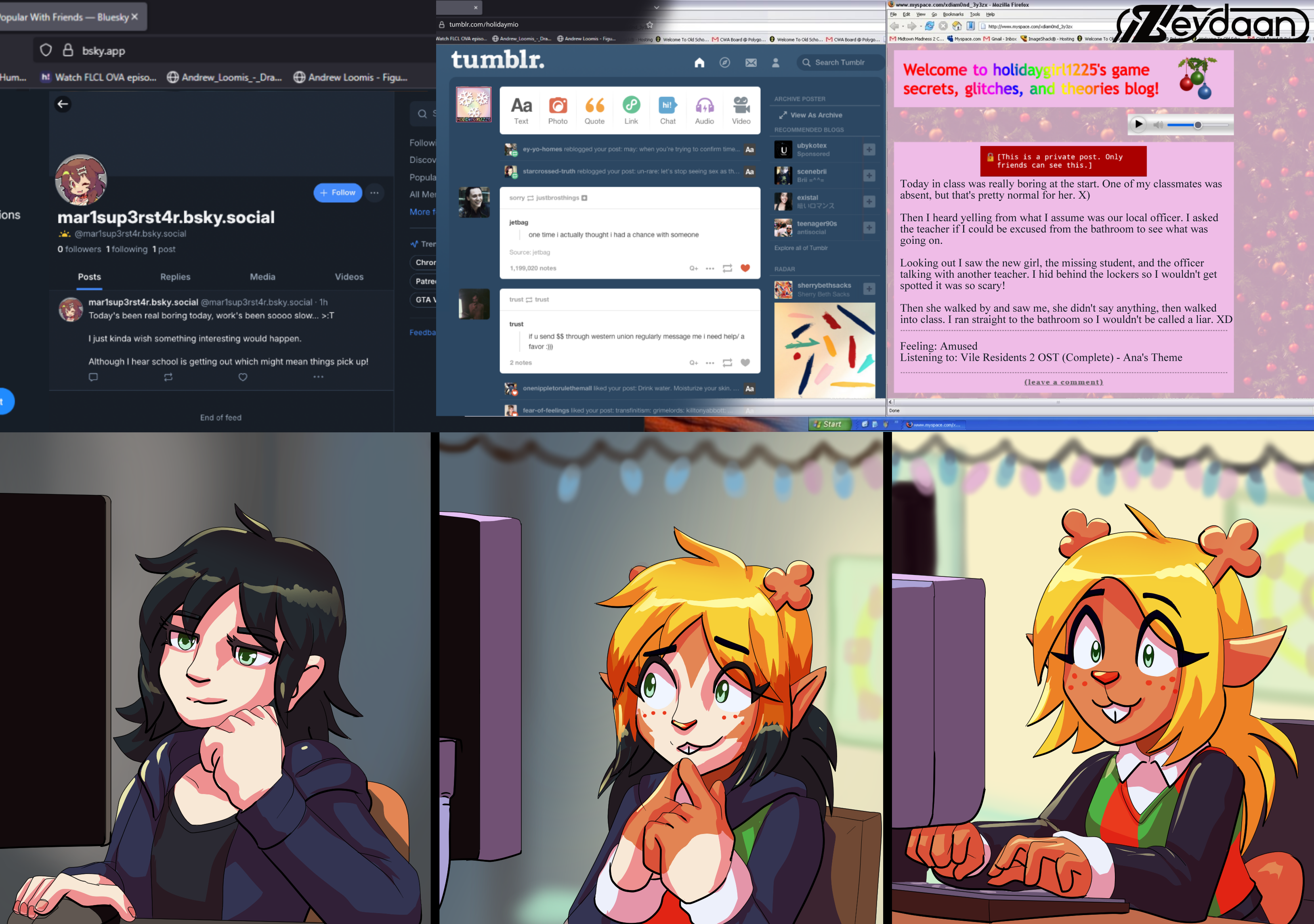 Mio browsing bluesky, before the screen shifts into Tumblr and then MySpace, while she herself turns into Noelle Holiday